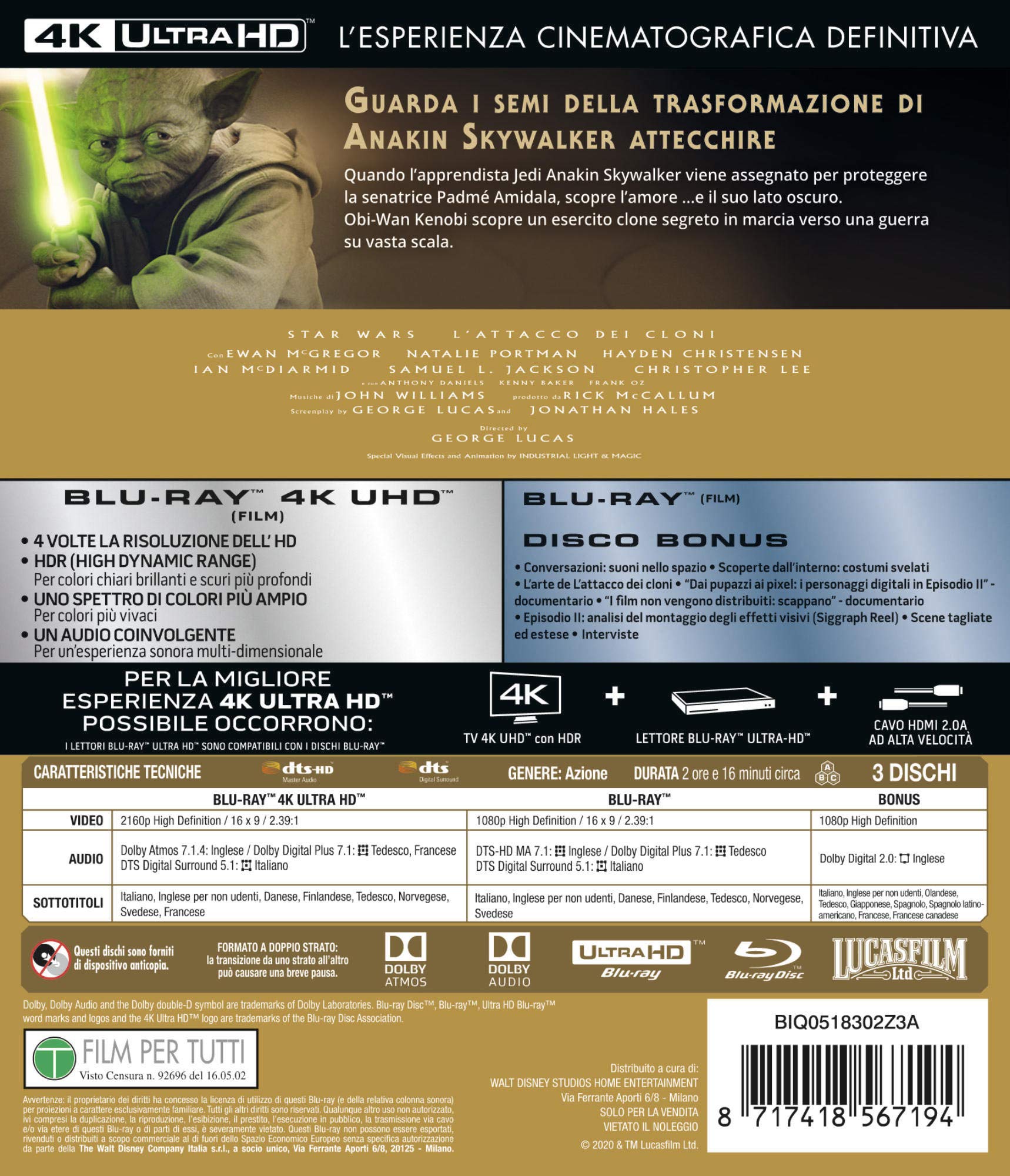 Star Wars 2 L'Attacco Dei Cloni Ultra-HD 4K (3 Blu-Ray)