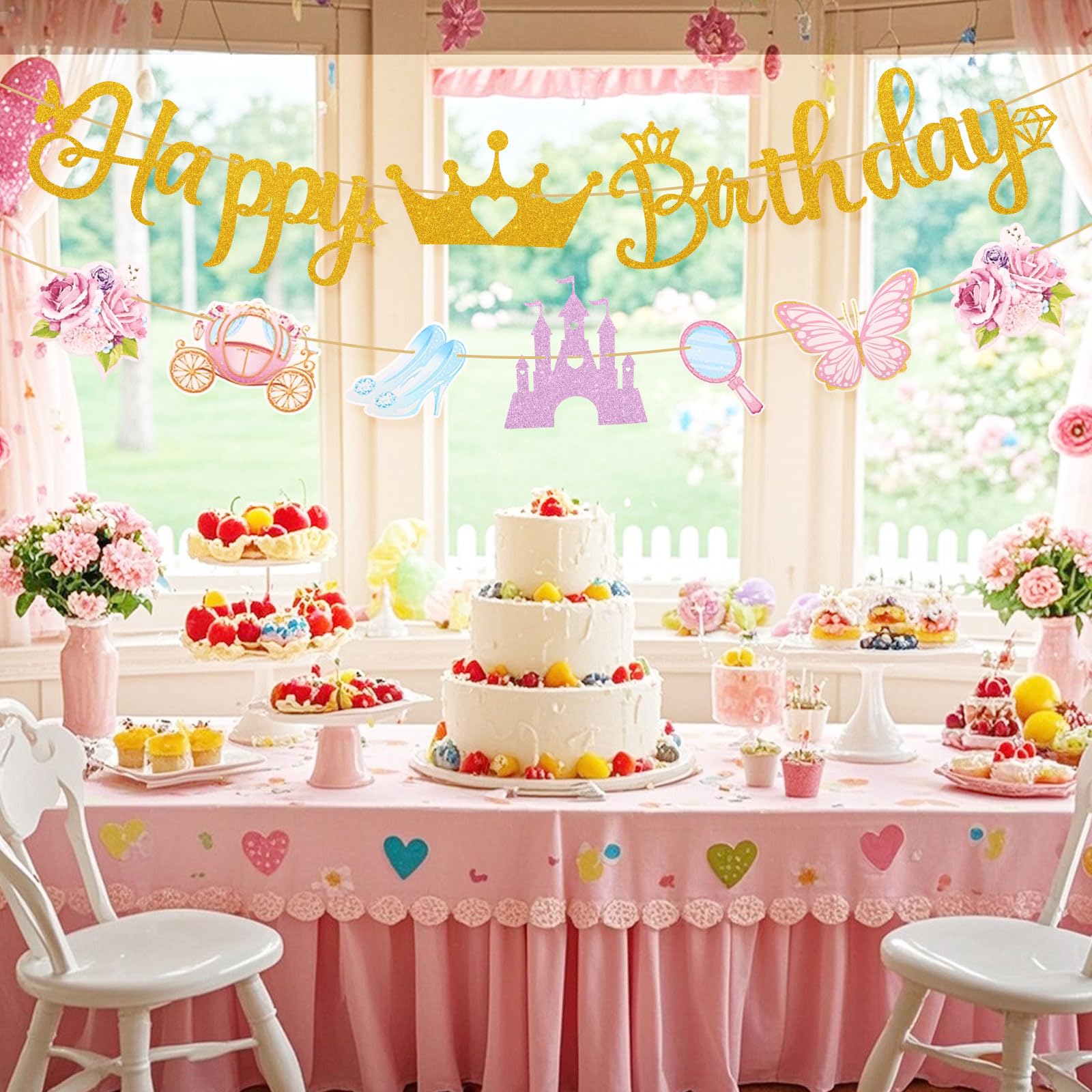Bannière D'anniversaire Princesse - Décorations Château, Couronne, Calèche, Pour Fête Fille, En Papier Coloré