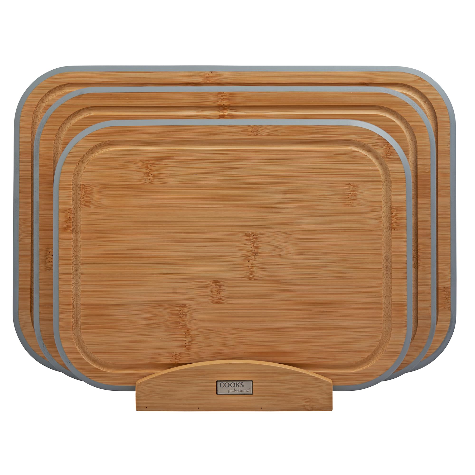 Cooks Professional 3 Piece Bamboo Chopping Board Set with Storage Stand | Durable Wooden Cutting Boards in 3 Sizes for Fruit, Vegetables, Meat, Bread | Grey Edging