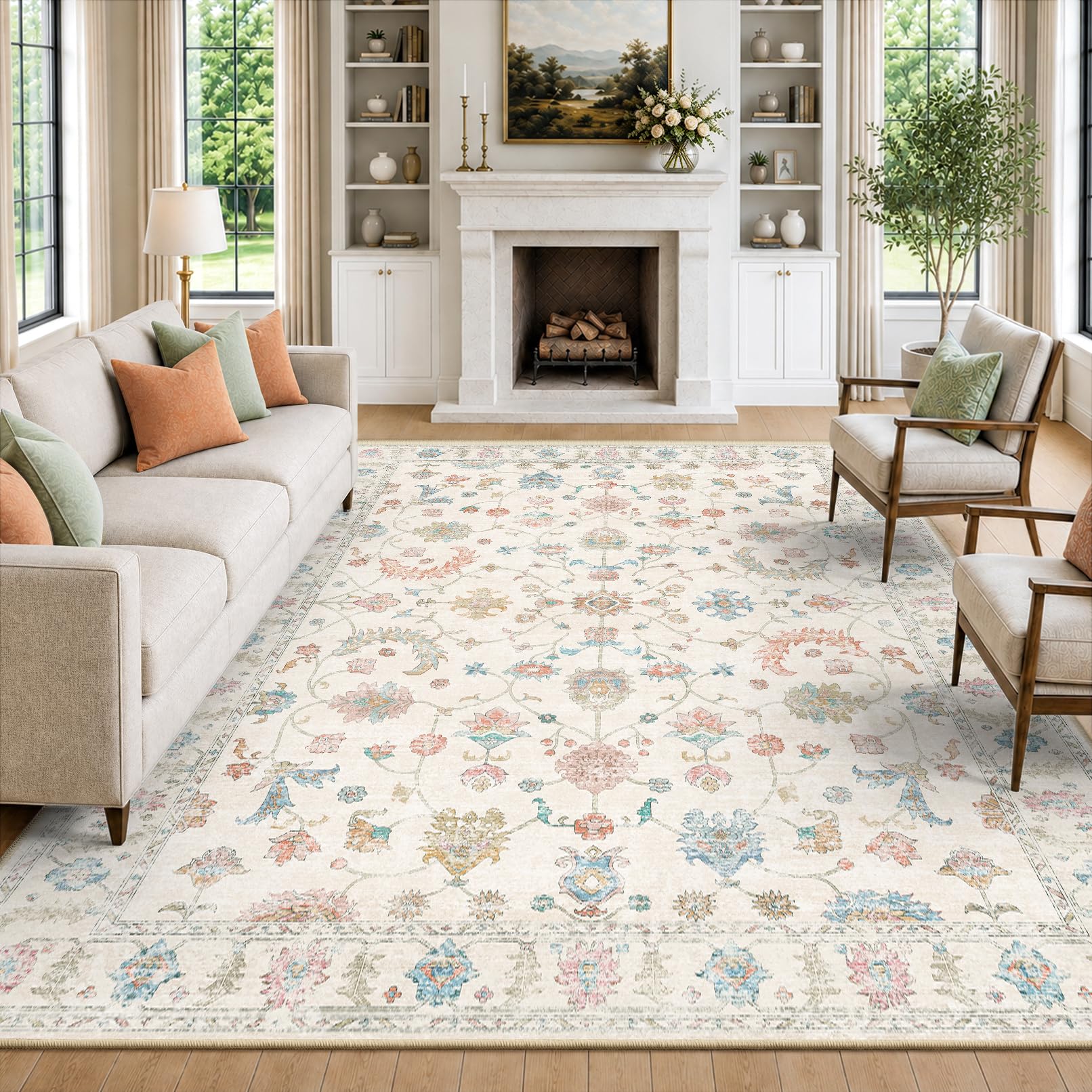 INOVADAY Waschbarer Teppich Boho 200x300 cm Cremeweiß Wohnzimmer Teppich | Schlafzimmer, Küche, Vintage, Eingangshalle, Esszimmer, Diele, Kurzflor, Rutschfest, Flur, Druckmuster, Weich, Pflegeleicht