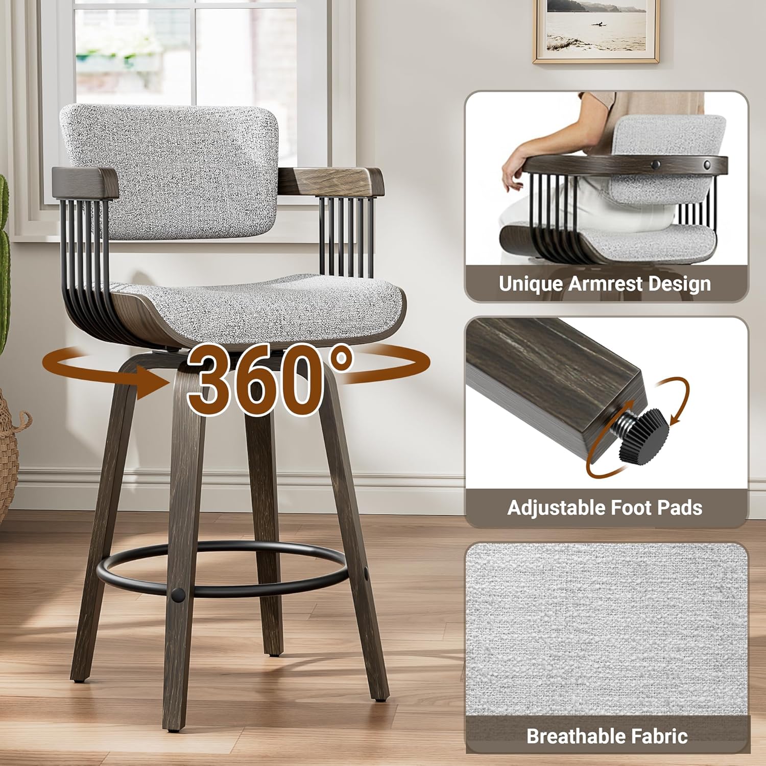 YaFiti Swivel Counter Height Bar Stools Set of 2, 26 Inch Mid Century Modern Bentwood Barstools with Padded Back and Wood Legs, Linen-Weave Fabric Kitchen Island Chairs with Arms, Light Gray