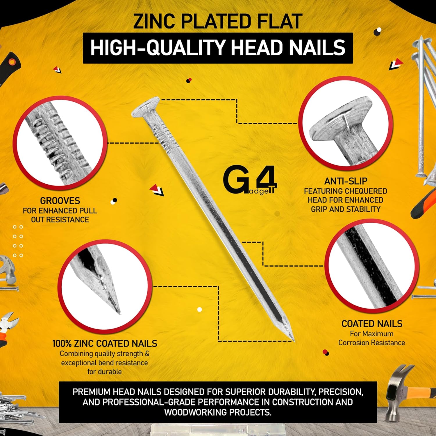 250-Piece Assorted Flat Head Nails – Premium Zinc Coated, 5 Distinct Sizes for Home Repairs, DIY Projects, Woodworking & Crafts – Includes Organized Storage Box