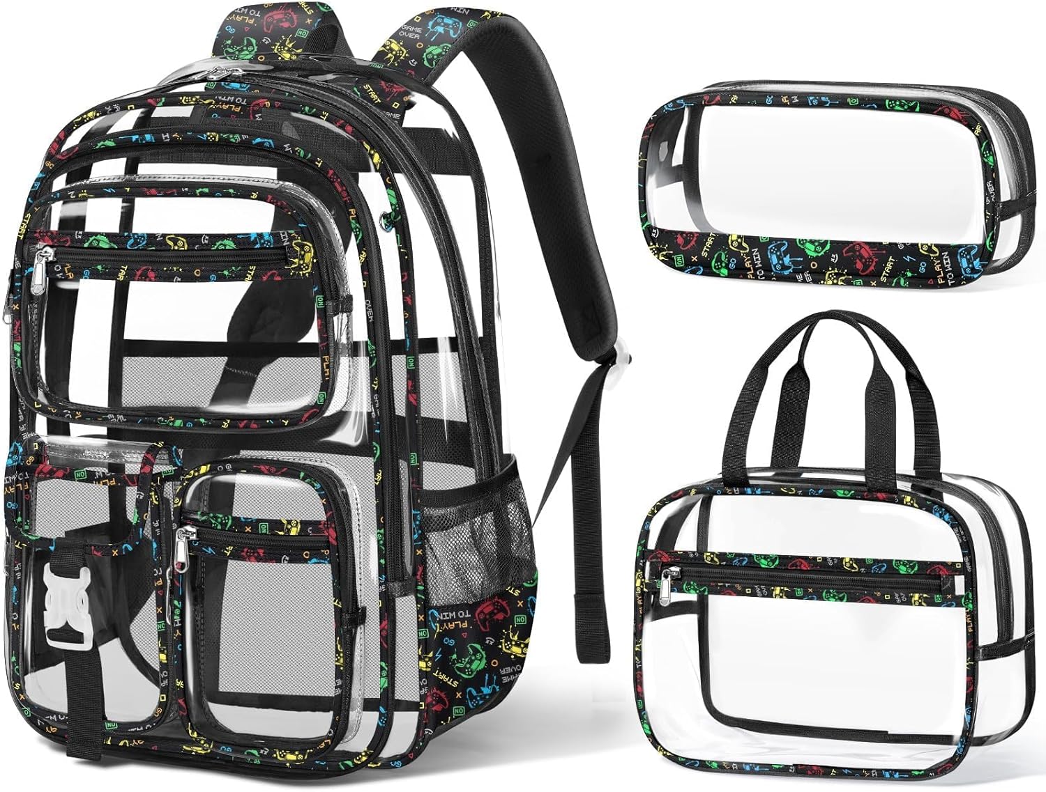 Fimibuke Clear Backpack for Boys, 3PCS Heavy Duty PVC Transparent Boys Backpack with Lunch Box & Pencil Case, School Stadium Event Approved Toddler School Bookbag for Preschool Kindergarten Elementary