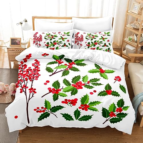 Abojoy Juego de funda de edredón de Navidad para Año Nuevo, tamaño matrimonial, ramas de hojas de acebo de hoja perenne con diseño de bayas rojas de