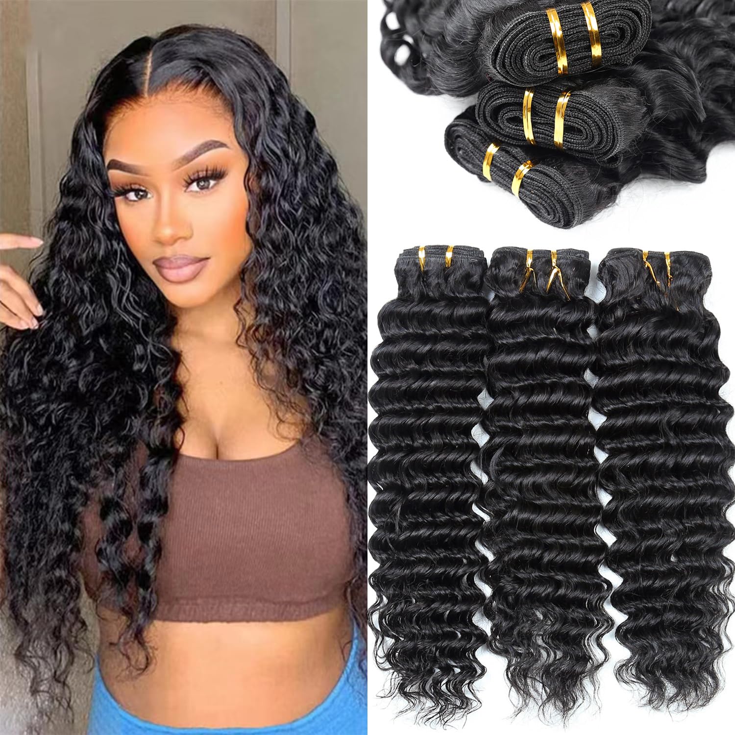 Deep Wave Human Hair Bundles 141618Inch Natural Black Color 3 Bundles 100% Braizlian Unprocessed Real Human Hair Extensions for Women Soft easy to Wear(141618 Inch)