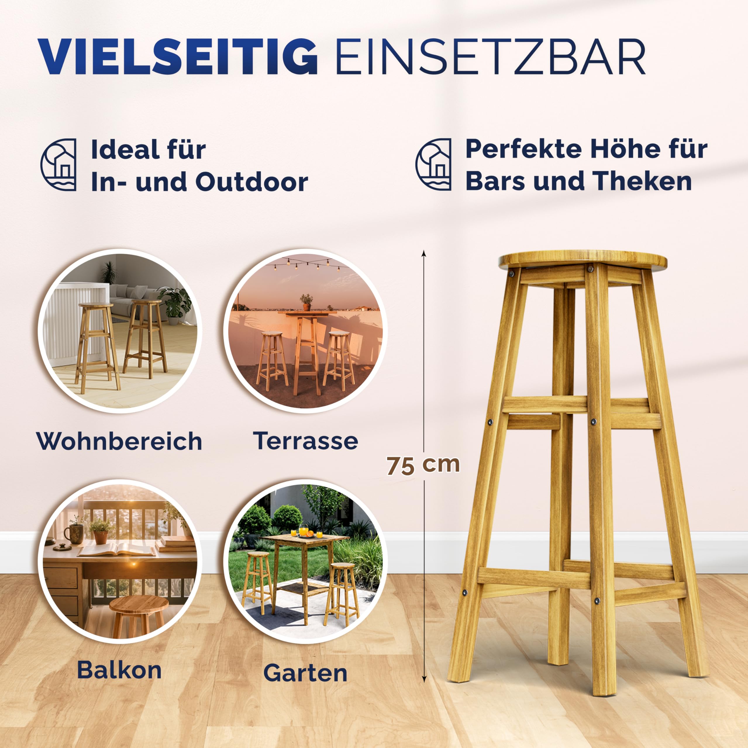 Casaria® Set di 4 Sgabelli da Bar in Legno D'acacia Altezza 75cm Design Rustico Sedia da Cucina Sgabello Tondo Bancone Poggiapiedi