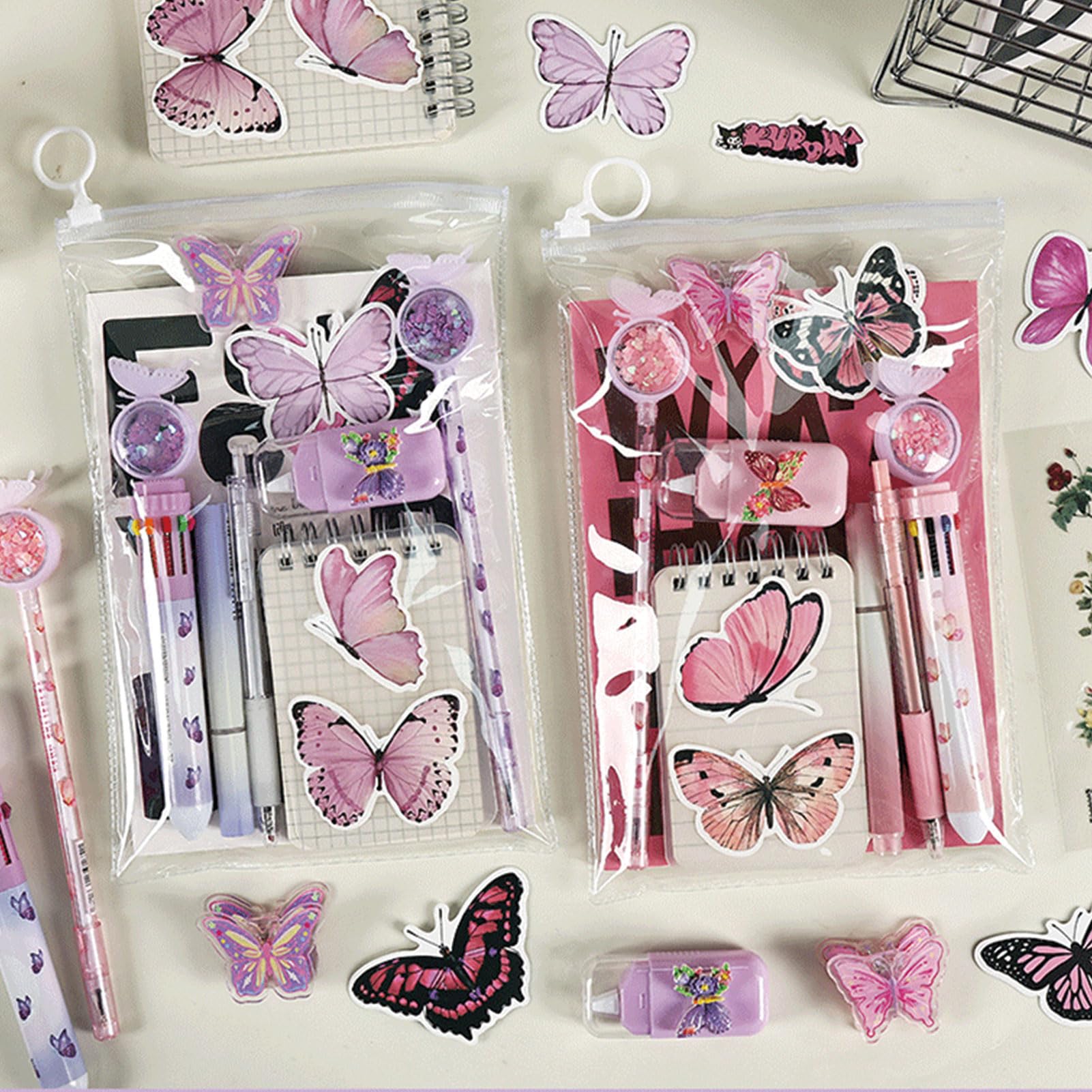 MOZXIRZ Zestaw przyborów piśmienniczych z uroczym motylem dla dziewcząt, chłopców, dzieci, kobiet, powrót do szkoły, artykuły biurowe, kawaii, artykuły pa, prezent, motyl, różowy, 9 szt