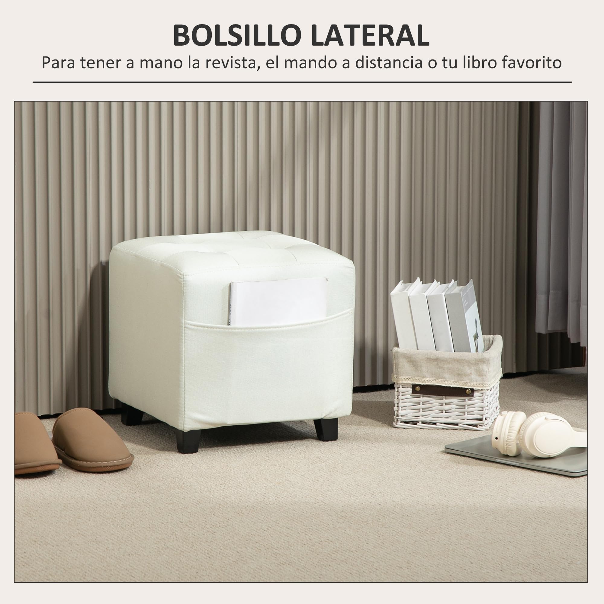 HOMCOM Reposapiés de Salón Taburete Bajo Tapizado en Lino Otomana Cuadrada con Bolsillo Lateral Tapa con Botones Acolchados y Marco de Madera para Sala de Estar Dormitorio Crema