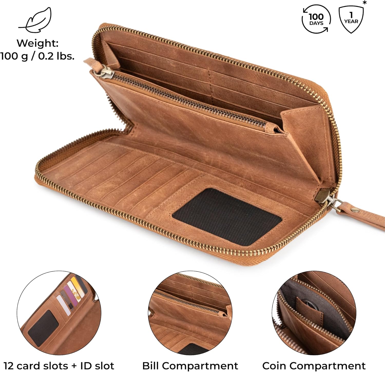 BERLINER BAGS Vintage Genuine Leather Wallet Margo, RFID Blocking Credit Card Holder, Slim Womens Wallet, Zip Around Wallet for 13 Cards and ID window, Bills, Coins - Brown - Image 4