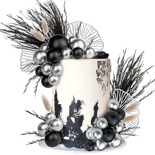 38 PCS Silver Black Cake Toppers Ball Cake Decoration Boho Bunny Tails Reed Grass Cake Decoration for Boho Wedding Birthday Baby Shower Party Cake Decoration Supplies