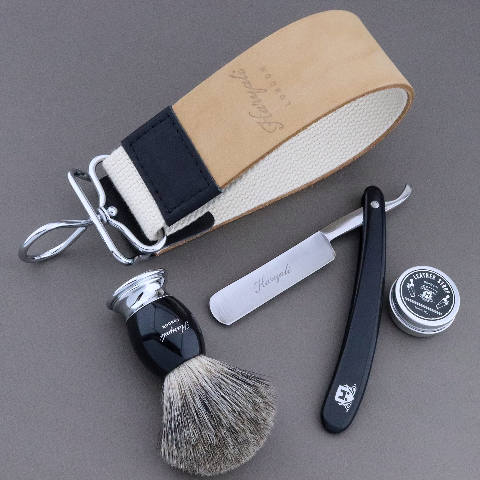 Haryali London Zestaw do golenia – 4 szt. – maszynka do golenia – najlepsza szczotka do golenia borsuka – elegancka skórzana taśma – związek Honning – zestaw do golenia w stylu vintage jako prezent