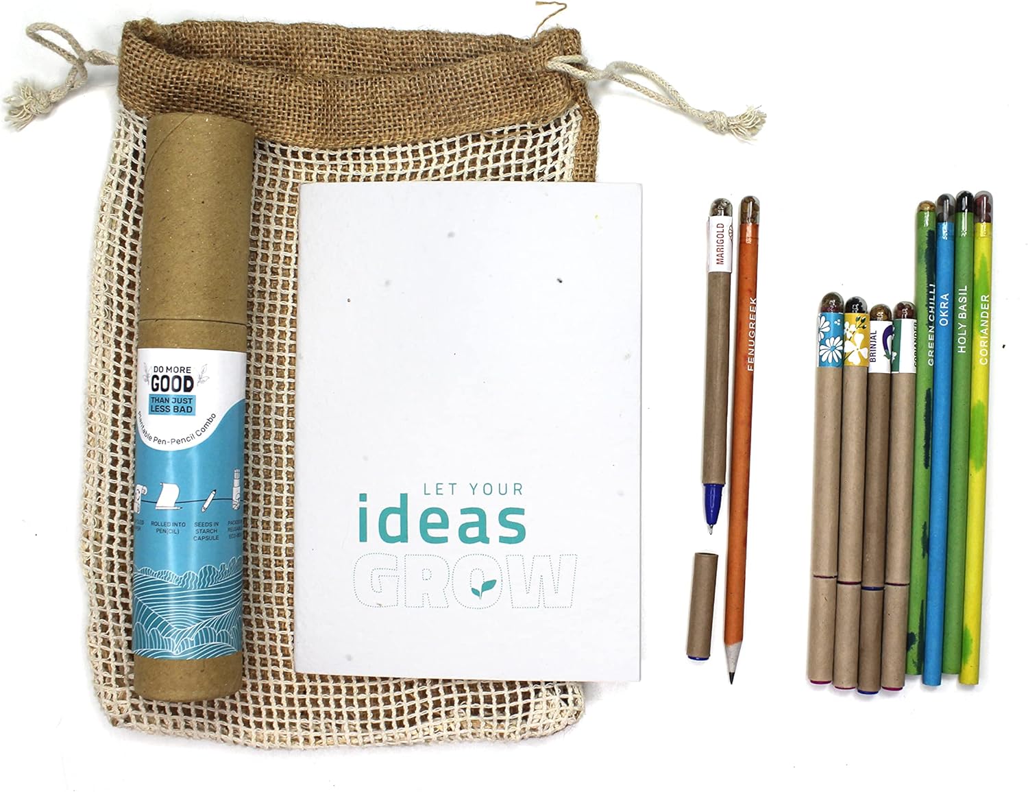 Plantable Eco Friendly Jute Kit Eco (1 Notepad + 5 eco pens + 5 Paper Pencils in a Jute Bag); Premium Stationery Gift Set