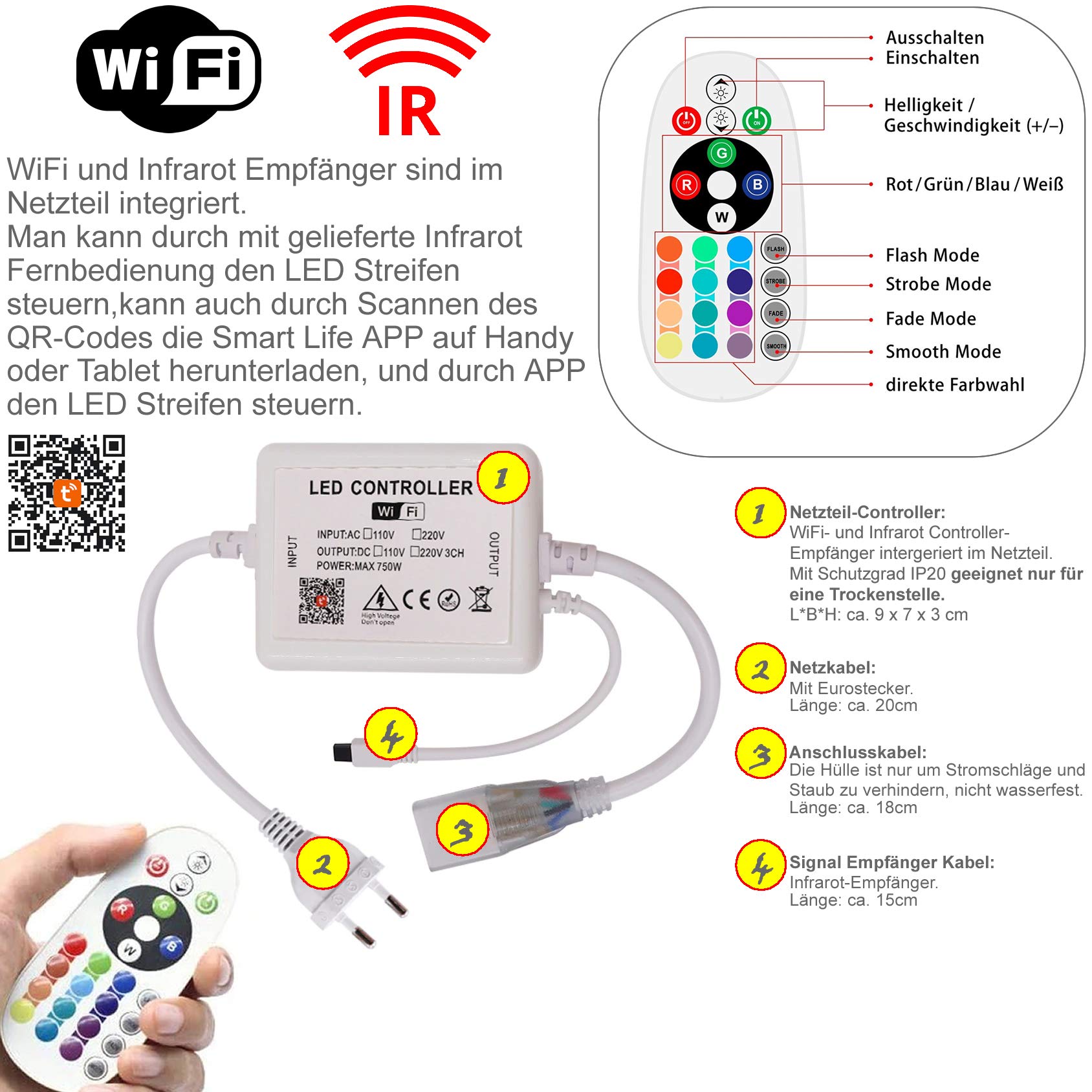 RGB LED Streifen Set, mehrfarbig 230V, 60LEDs/M, SMD 5050, RGB LED Strip Streifen Lichtband Lichtleiste (10 Meter, IP20 Wifi+Infrarot Netzteil-Controller)