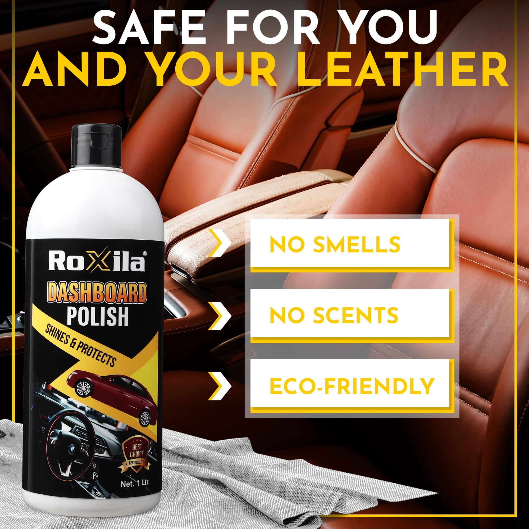 Roxila Dashboard Polish (1 liter) | All-in-One Shine with Microfiber Cloth | Restores Original Finish UV Blockers | Long Lasting for Plastic & Surfaces, Non-Greasy | Dashboard interior polish (1000ML) 2