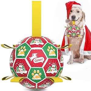 QDAN Christmas Dog Toys: Dog Soccer Ball with Straps for Outdoor Play, Tug of War, Puppy Gifts Durable 8-Inch Dog Balls for Medium Large Dogs