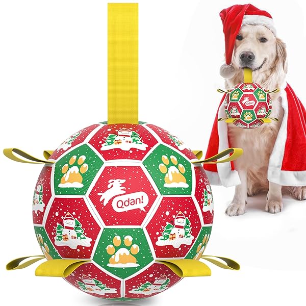 QDAN Christmas Dog Toys: Dog Soccer Ball with Straps for Outdoor Play, Tug of War, Puppy Gifts Durable 8-Inch Dog Balls for Medium Large Dogs