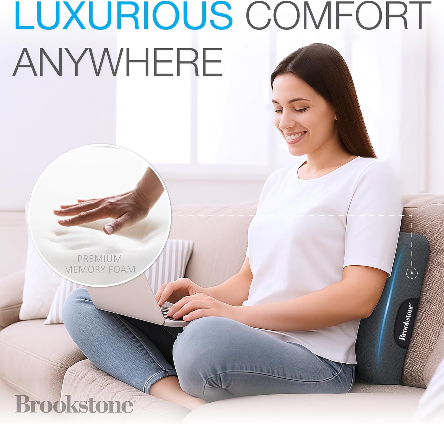 Brookstone - Luxurious Lumbar Support Pillow for Car or Office Chair, Back Cushion with Premium Grade Memory Foam, Breathable and Washable Cover, Adjustable Strap - Image 2