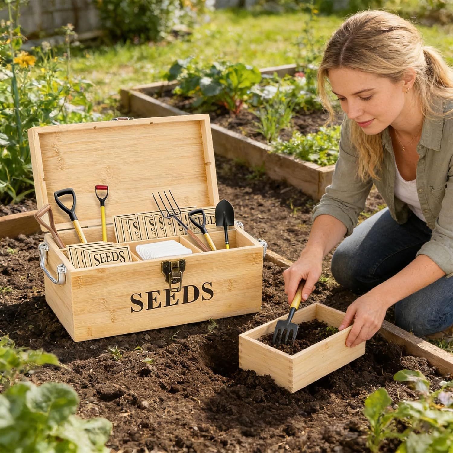 Portable Storage Box Constructed From Hard Wood Includes Flexible Inserts for Various Sizes Gardening Stone Storage