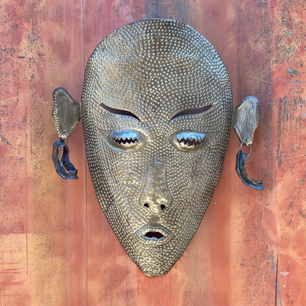 Native Son Mask, Earrings made from upcycled Barrel Tops, Indoor Outdoor Decorative Plaques Haiti Metal Wall Art 9" x 23"