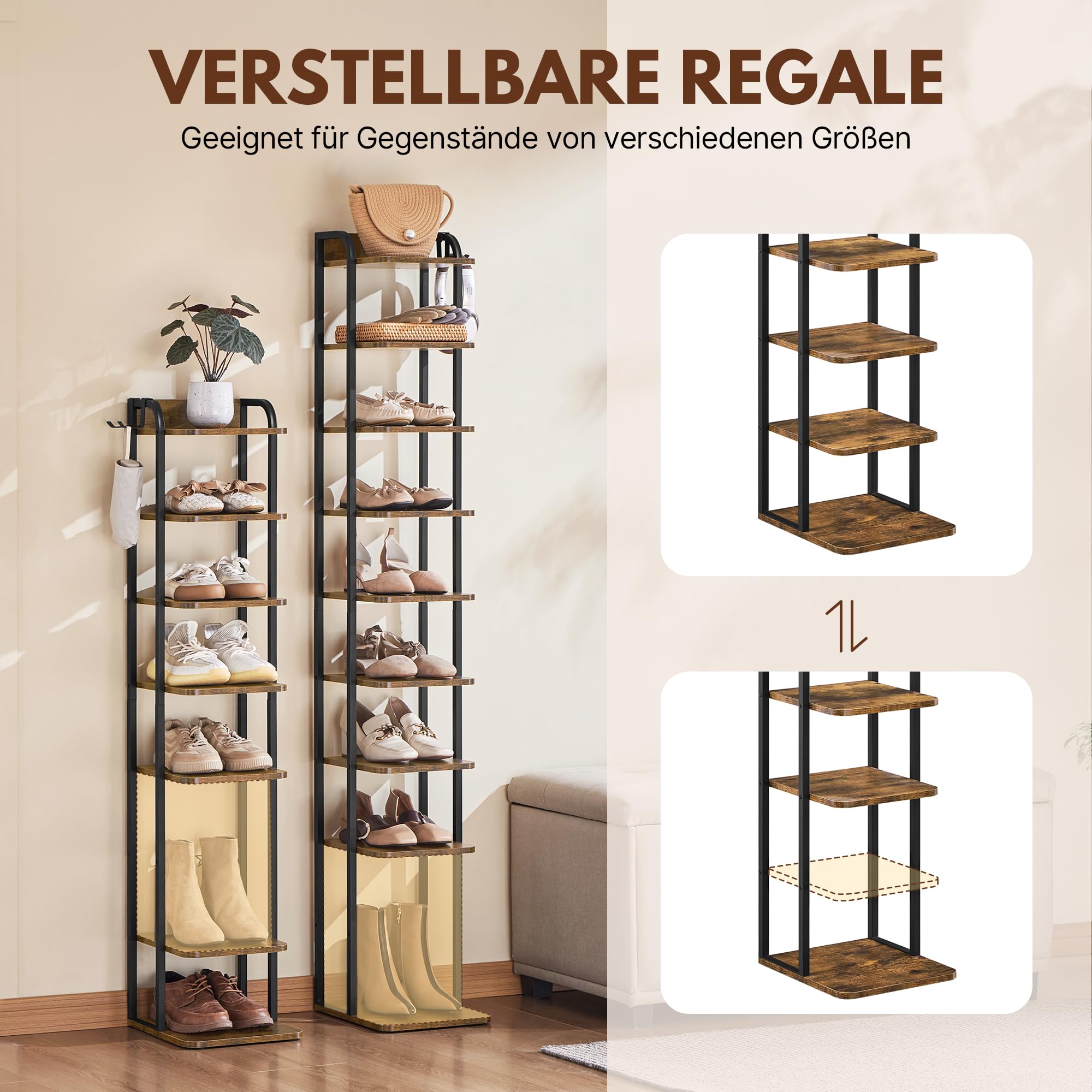 Yaheetech Schmales Schuhregal Schuhablage mit 10 Ebenen | Platzsparender Schuhschrank Holz im Vintage-Sti mit Haken für Flur/Ecke/Eingangsbereichl