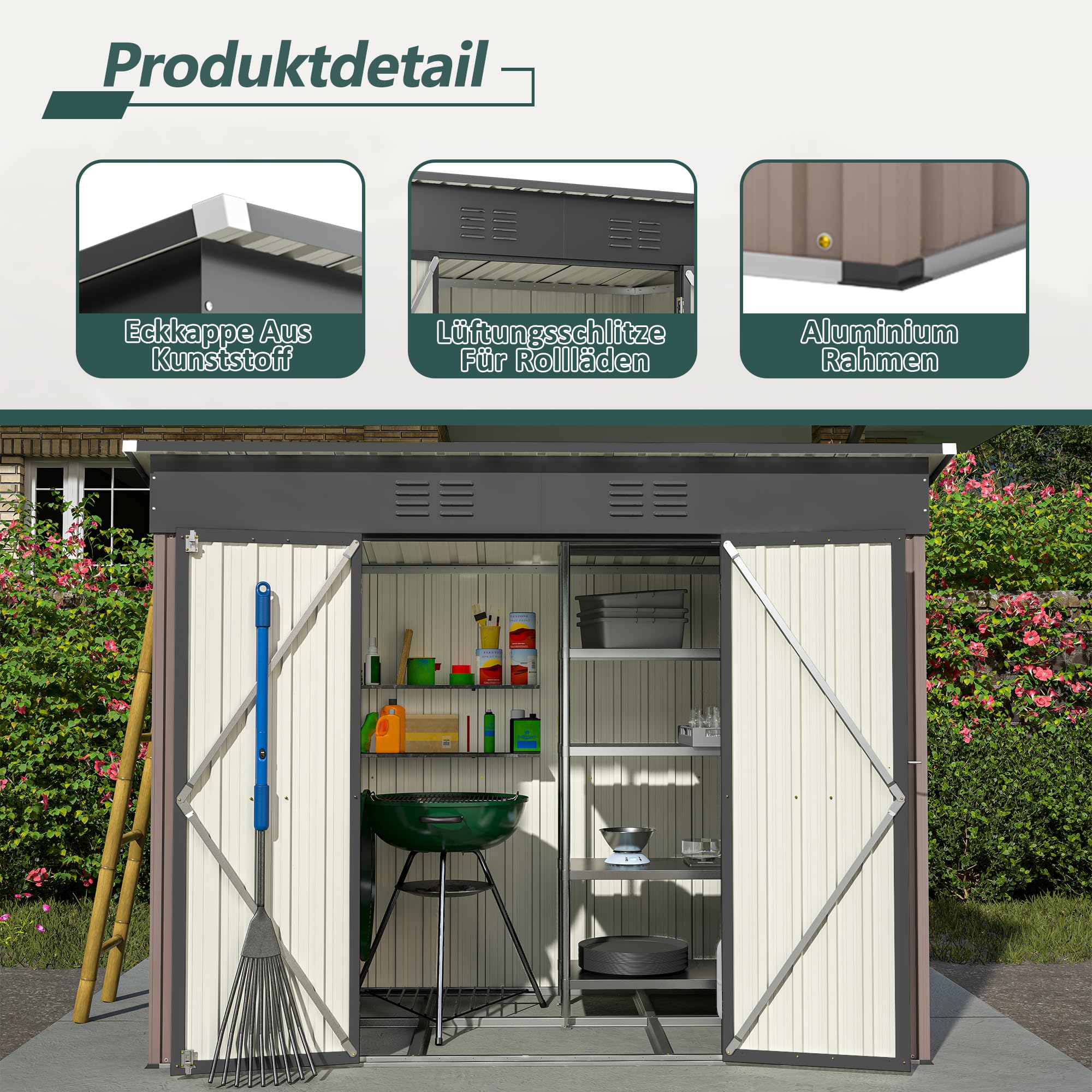 Metalowy domek na narzędzia, 229 x 111 x 182 cm – odporna na warunki atmosferyczne szopa na narzędzia z fundamentem i dachem spadzistym, metalowy domek ogrodowy jako garaż rowerowy i domek na