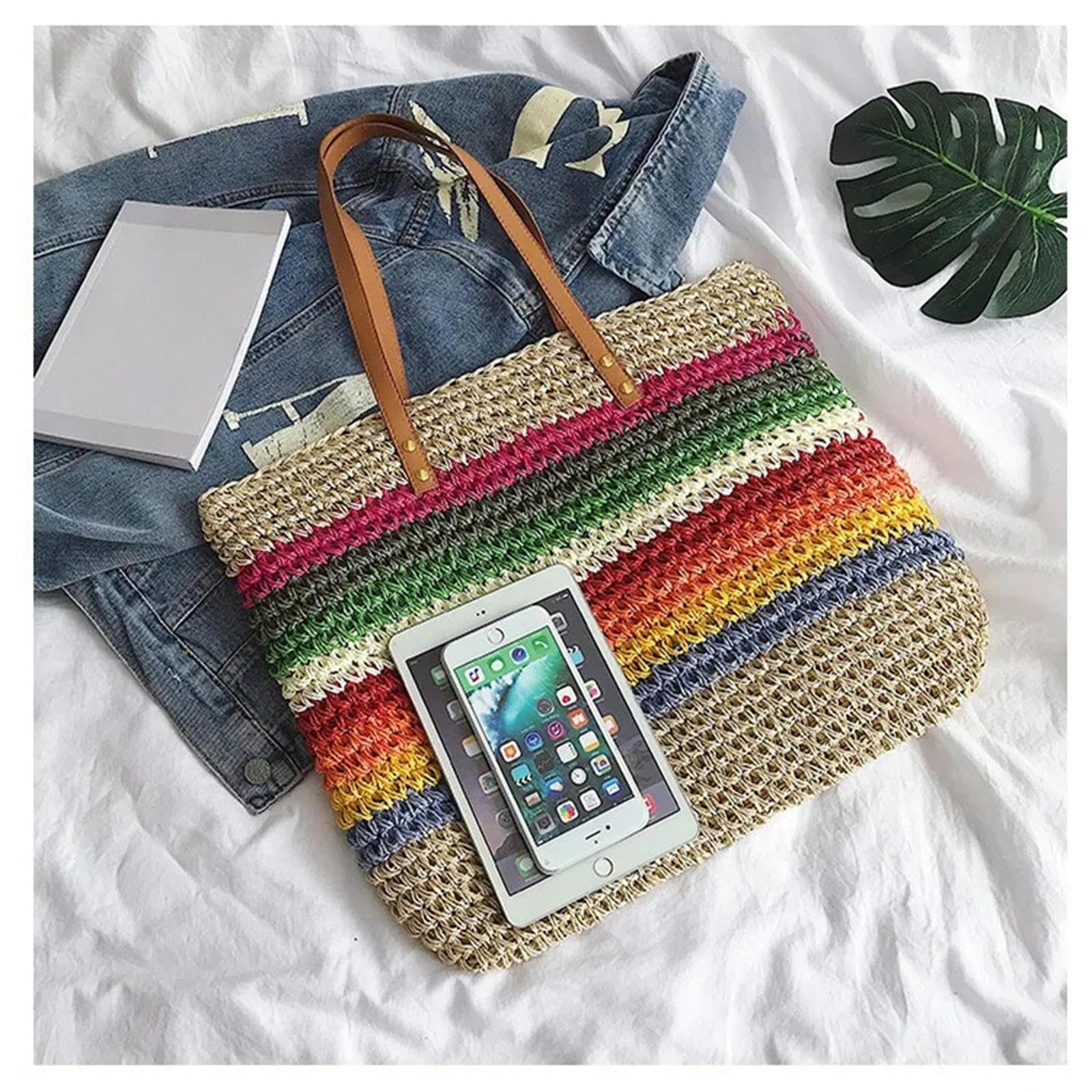 Borsa A Tracolla Borsa Color Arcobaleno Borse da Spiaggia Rattan Intrecciata A Mano Intrecciata A Mano in Grande capacità di Grande Capacità-beige-39 * 37 * 4