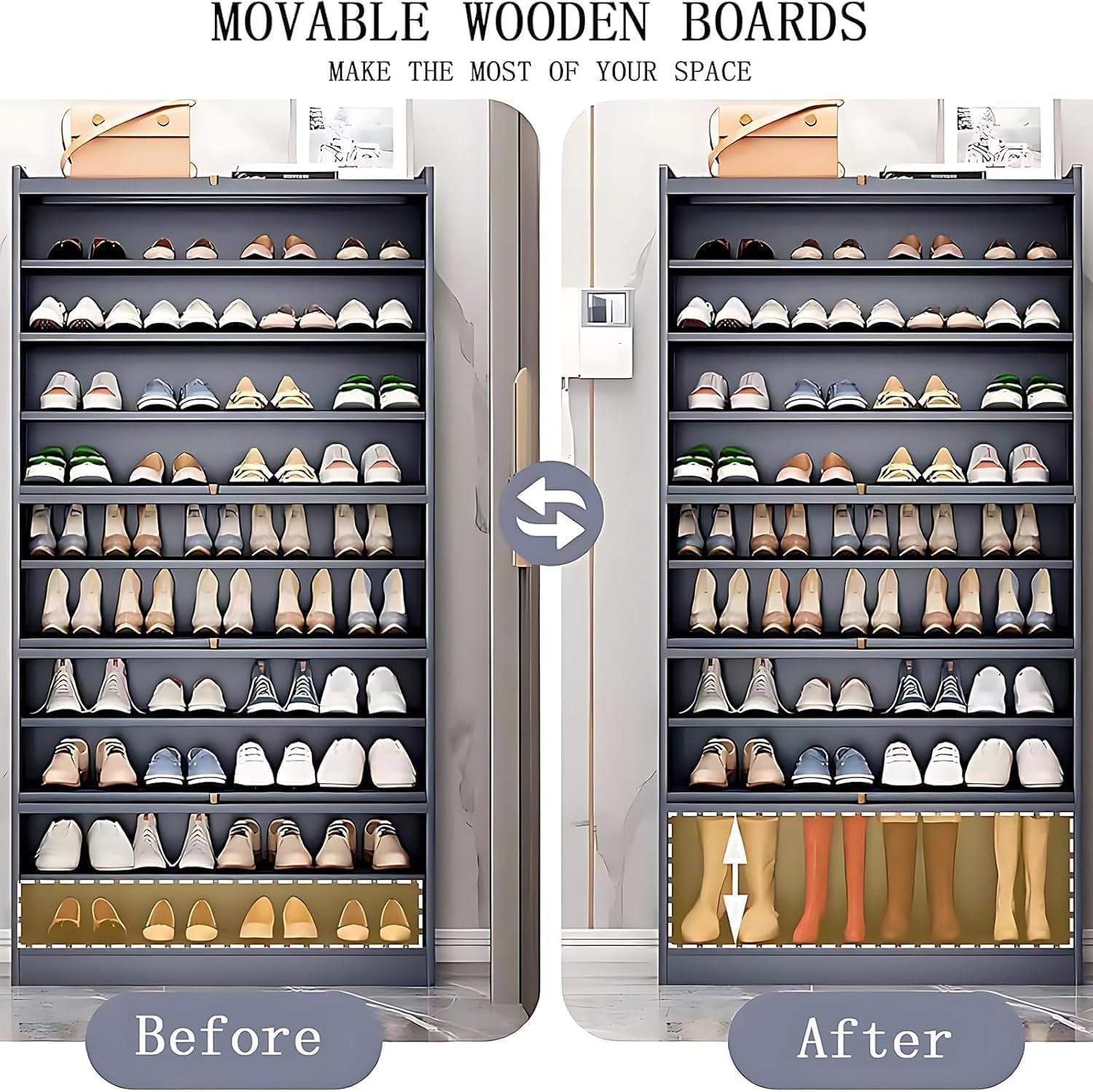 Shoe cabinet with movable wooden boards, showing before and after configurations for different shoe heights
