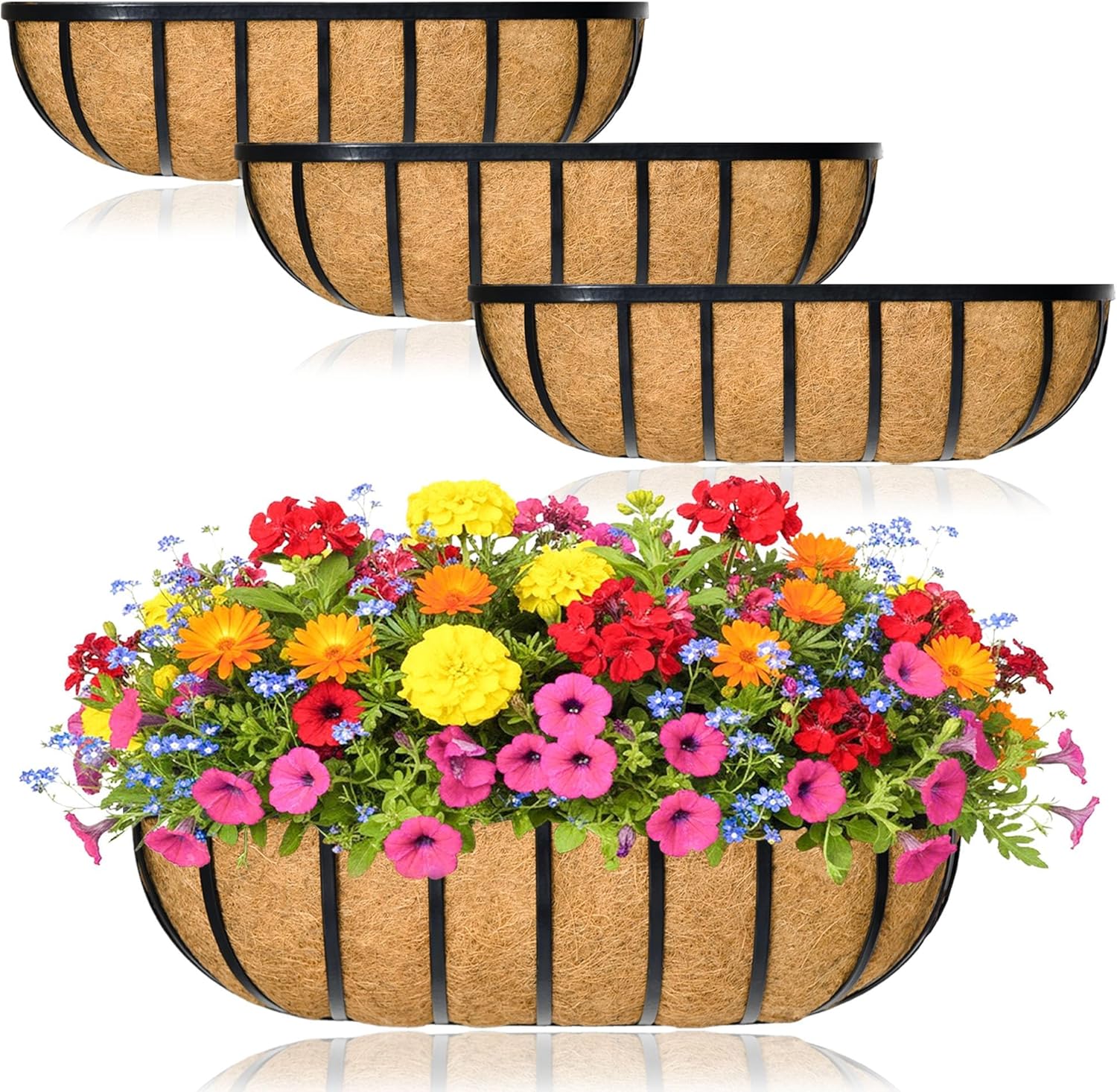 Window Box Railing Planter with Coco Liner 2 Pack 24 Inch Metal Hanging Flower Planter Deck Railing Planters Boxes for Balcony Outdoor Plants Fence Porch Patio