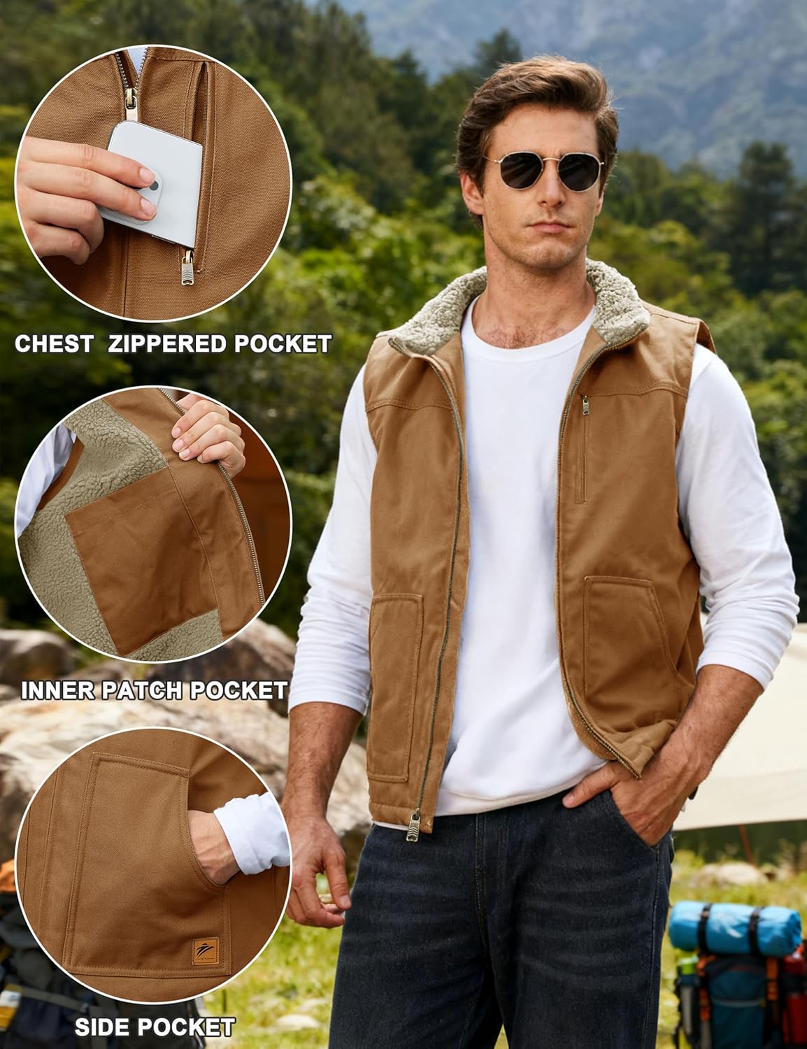Cotrasen Men's Vest Cotton Work Vest Sherpa Lined Casual Outerwear Fleece Warm Sleeveless Jackets - Image 5