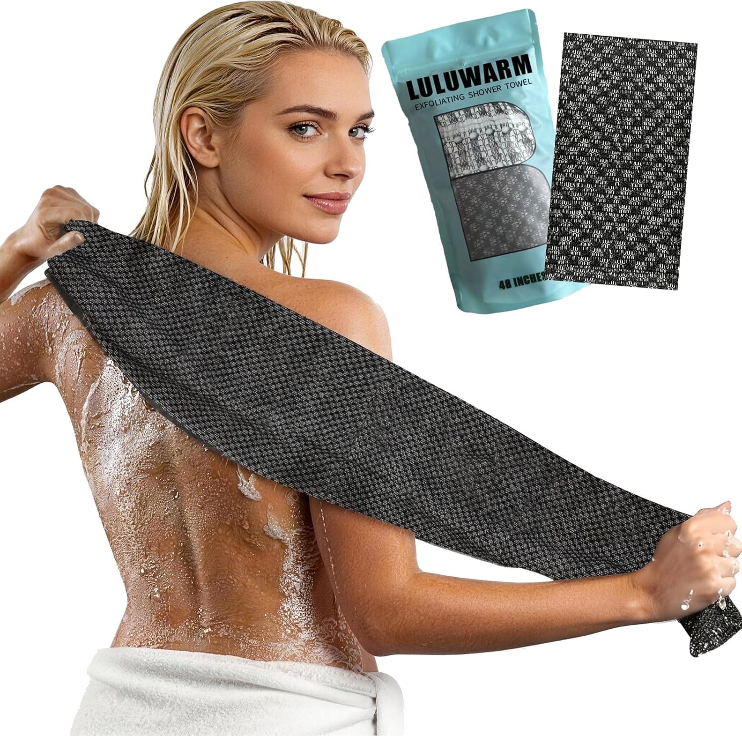 LULUWARM Japanese Exfoliating Washcloth, Hexagon Fiber Shower Towel & Body Scrubber, 2-Sided Texture for Deep Exfoliation & Skin Smoothing, Black