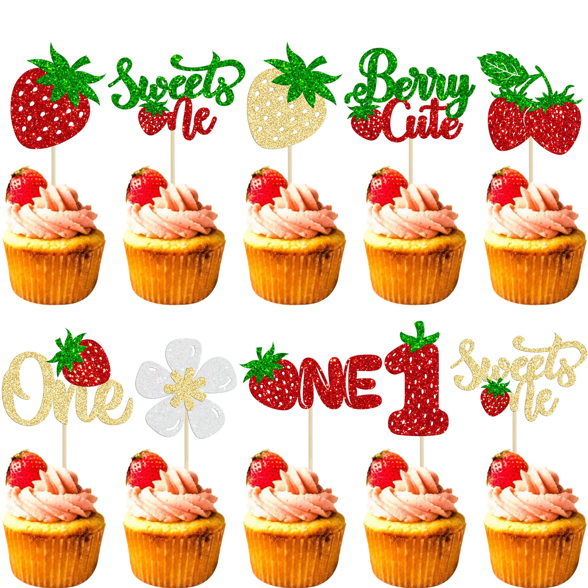 Gyufise 30Pcs Sweet One Strawberry Cupcake Toppers Glitter Sweet Berry 1st Birthday Cupcake Picks Strawberry Cake Decorations for Baby Shower Kids First Birthday Party Supplies Gold Red Green