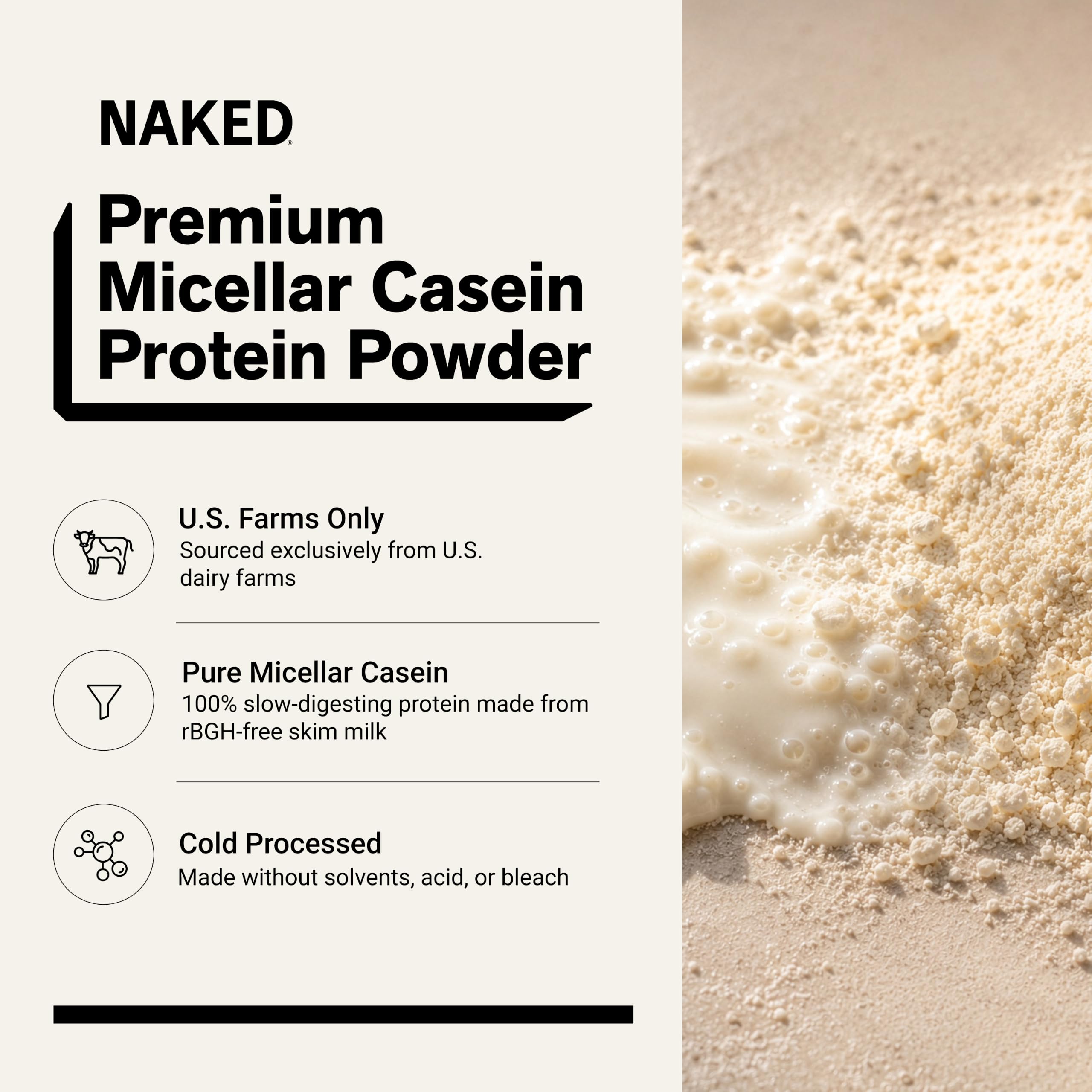 NAKED Casein - 1Lb Micellar Casein Protein - Bulk, Zero Carb, NSF Certified, GMO-Free, Gluten Free, Soy Free, Preservative Free - Stimulate Muscle Growth - Enhance Recovery - 15 Servings — Amazon image 2