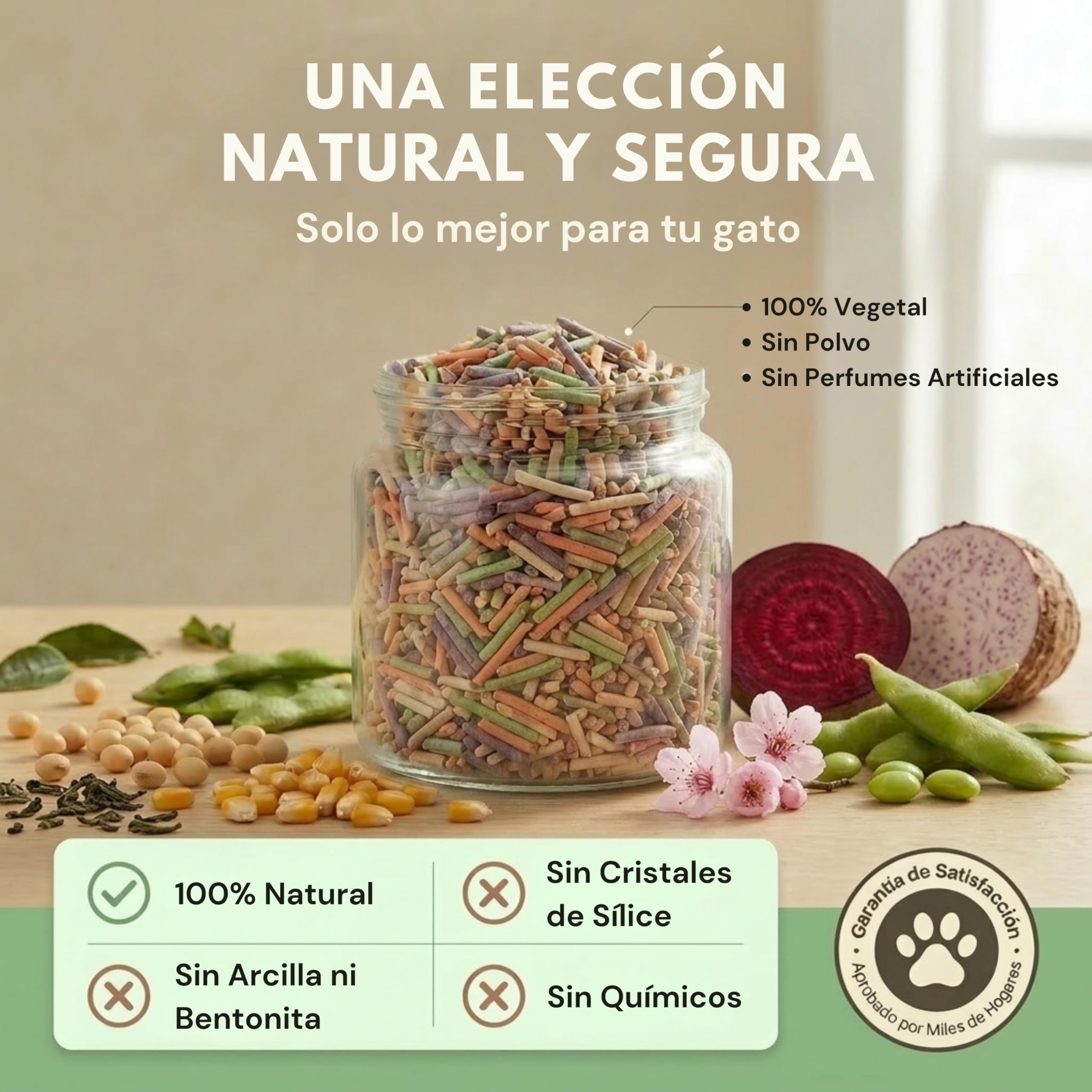 MichiCat Arena de Tofu para Gatos TofuMeow, 12 kg (4x3kg) Arena Aglomerante para Gatos Vegetal Biodegradable, Libre de Polvo, Control de Olores Avanzado, Desechable en WC, Pack Ahorro Larga Duración