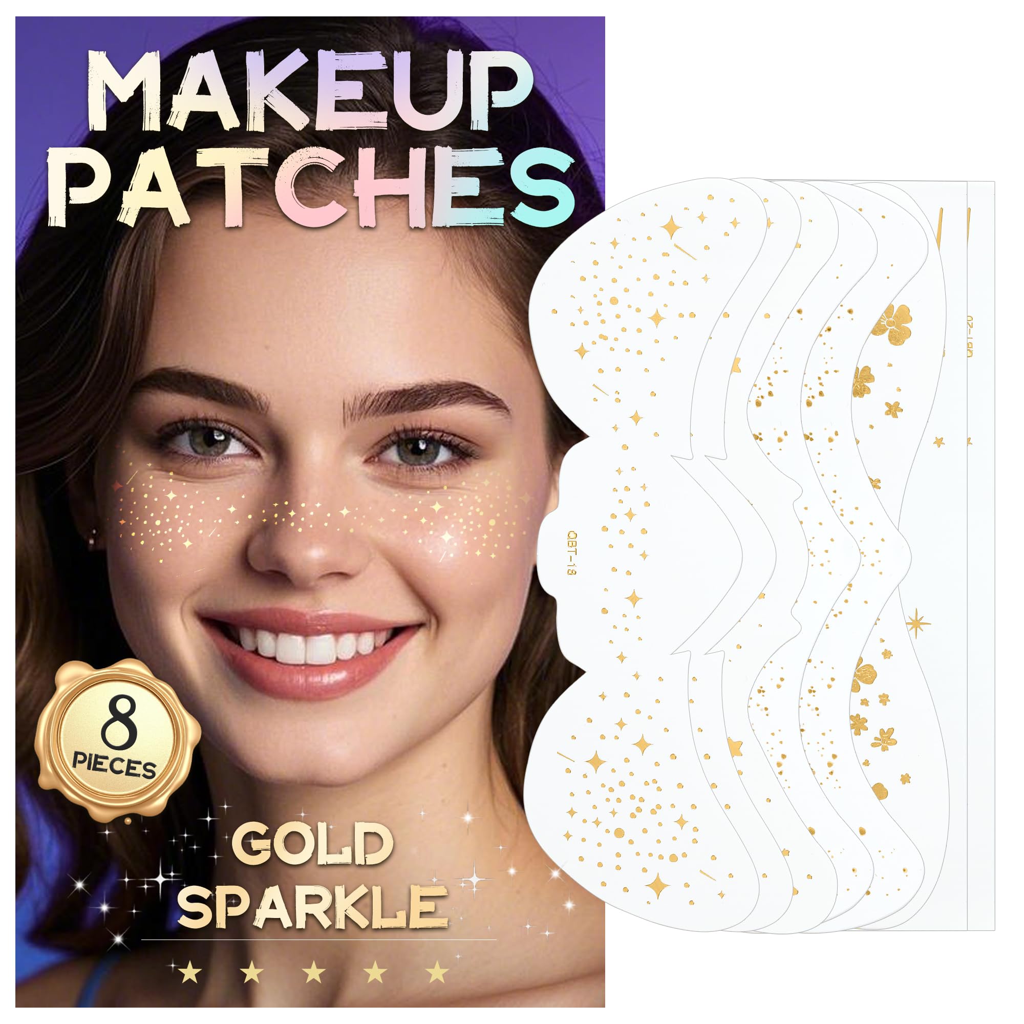 vaneria 8 Pcs Glitter Freckles Face Tattoo,Sparkle Freckles Makeup Patches Set,with Eye Make-up Sticker,Long-lasting water resistant,for Make-up,Party and Festivals (Gold)