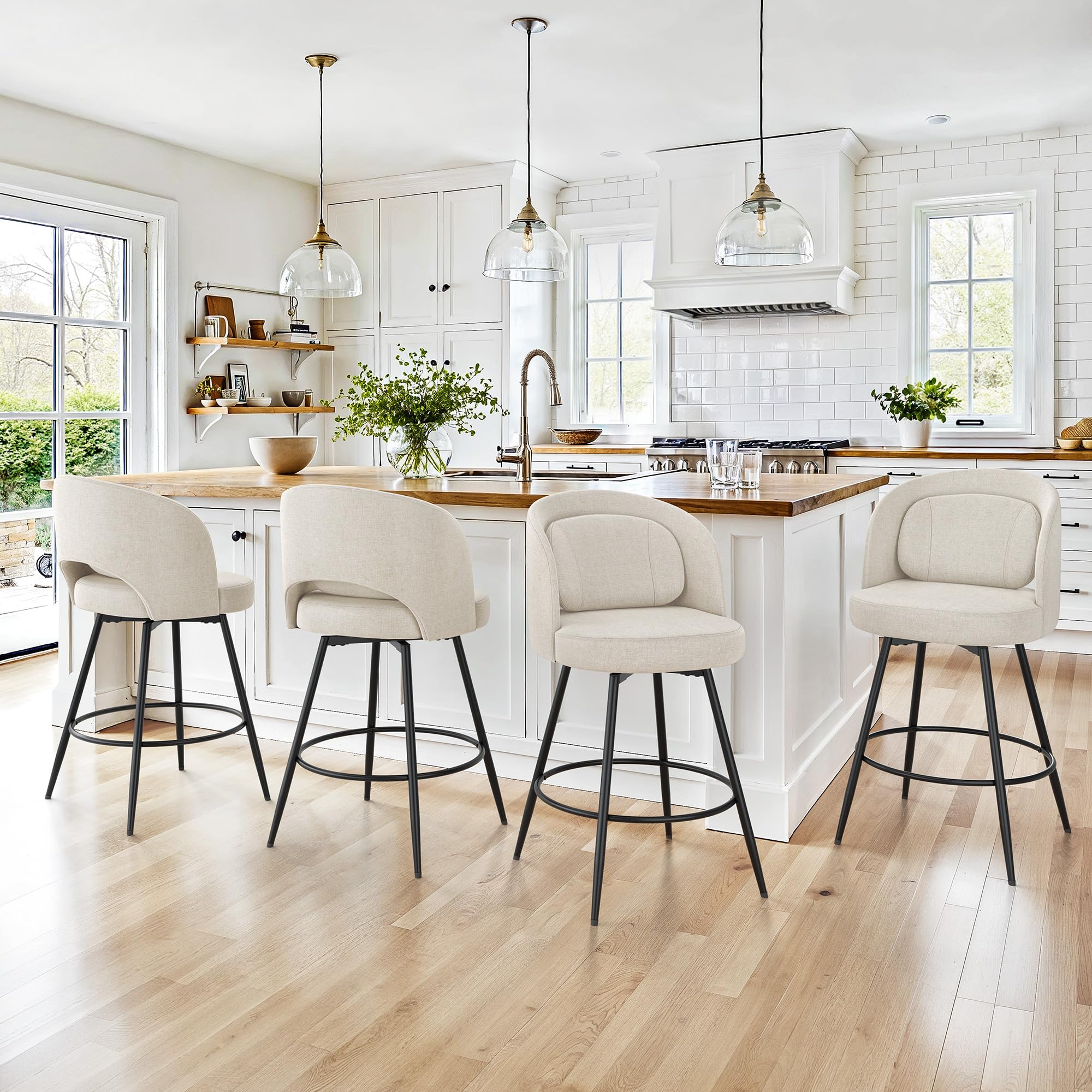 LUE BONA Swivel Bar Stools Set of 4 Linen