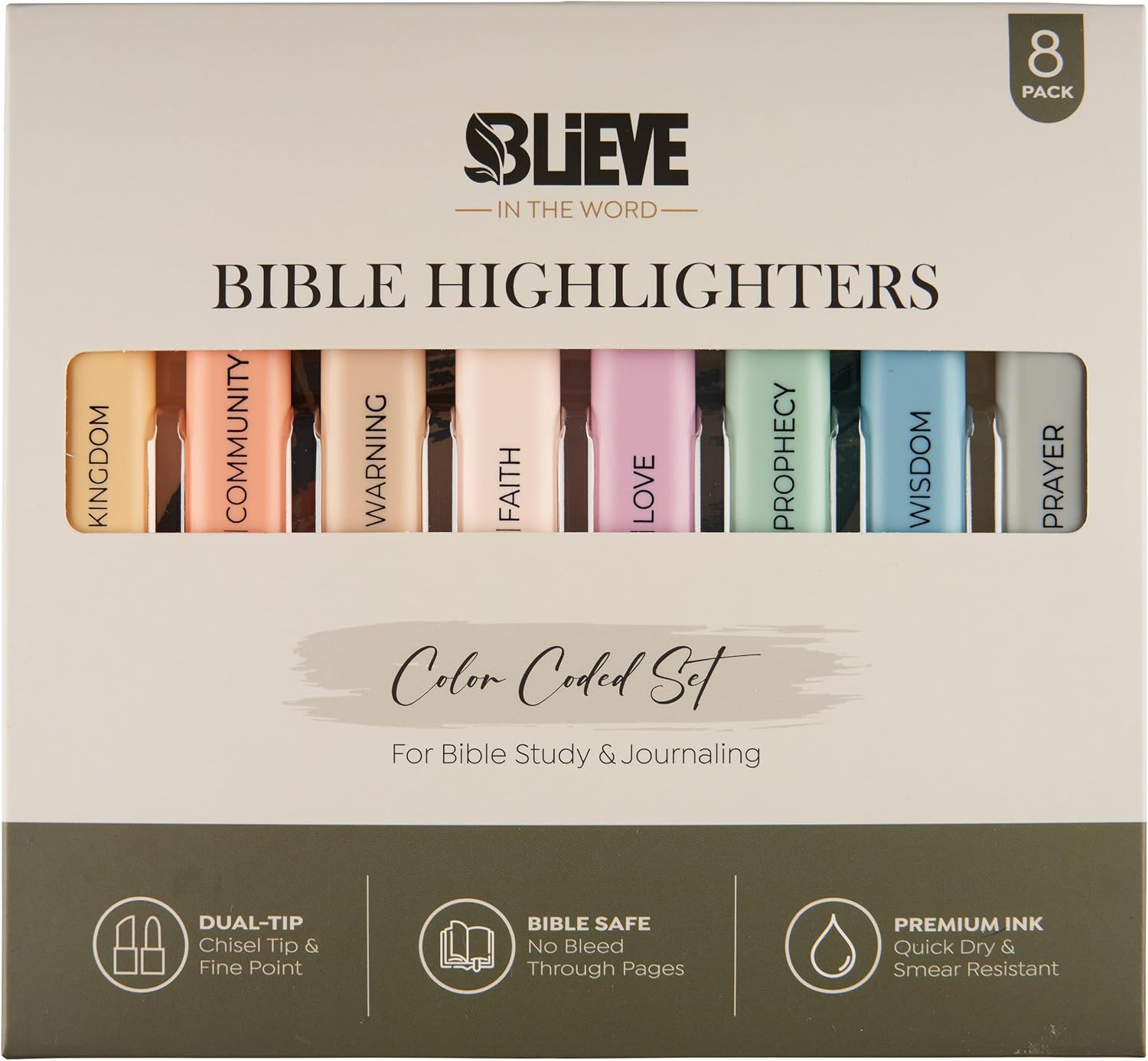 BLIEVE Bible Highlighters No Bleed Through, Color Coded, Dual Tip, 8 Pack