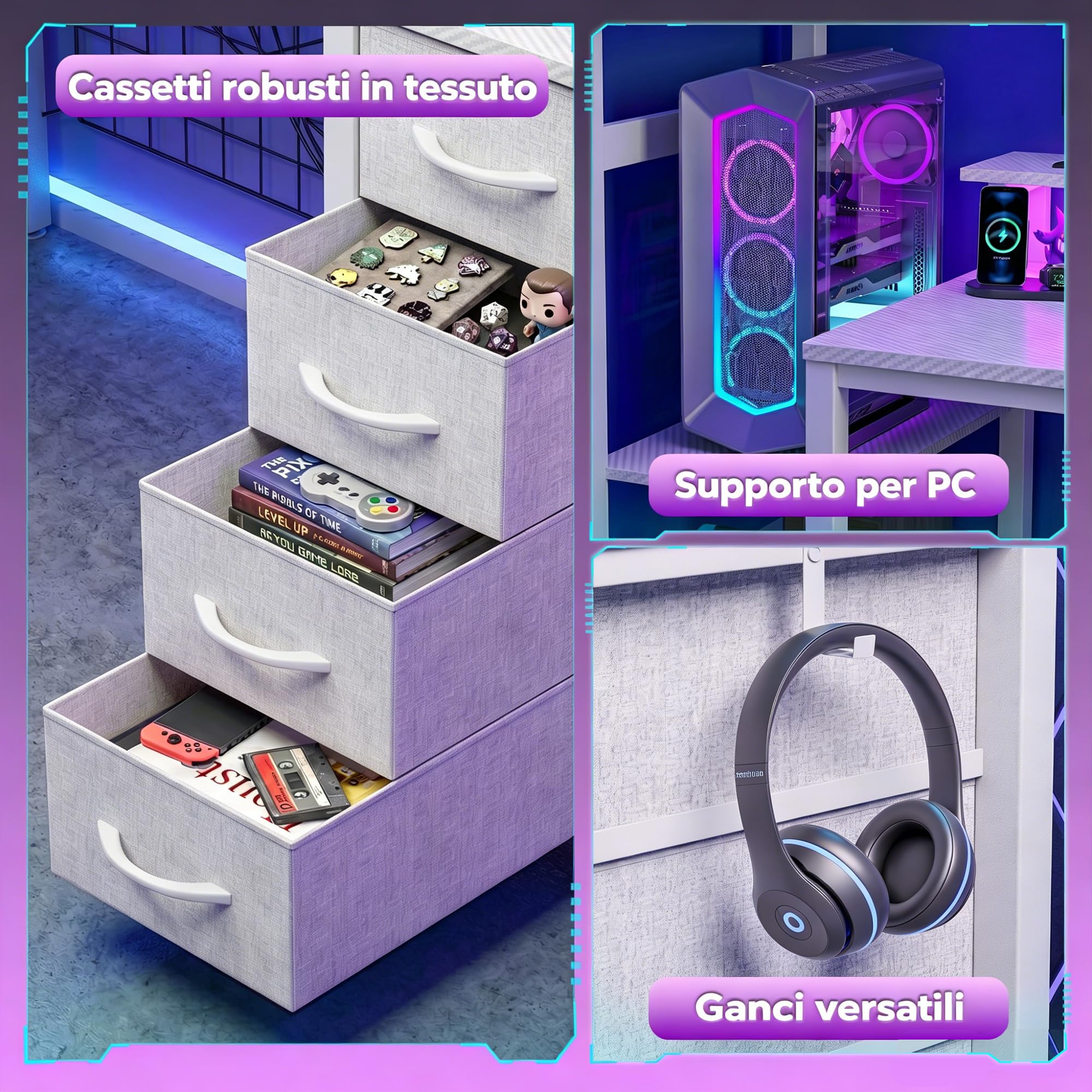APICIZON Scrivania Gaming 150 cm con Libreria - Scrivania per PC Reversibile con Luci LED RGB, 2 Porte USB, Supporto per Cuffie e Portabicchieri, Effetto Carbonio Bianco