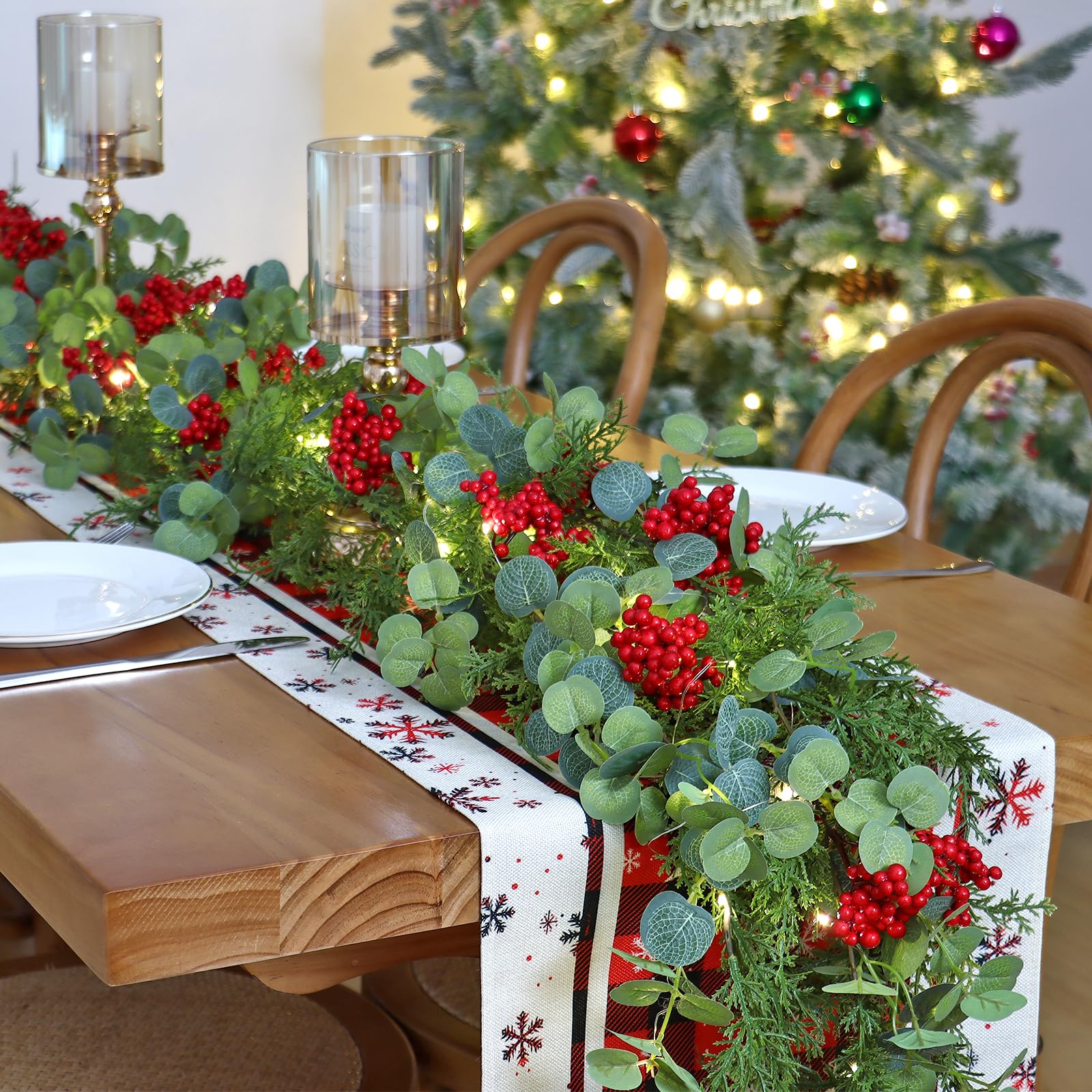 SOMYTING Set of 2 Christmas Garlands Artificial Tree Garland with Pine Cones Artificial Red Berries for Table Runner Christmas - Image 2