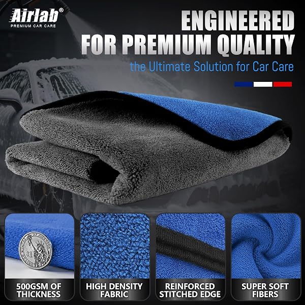 Airlab XXL Chiffon Microfibre Séchage Voiture 90x60CM, 500GSM Serviette Super Absorbant Anti Rayures Polissage Detail Auto Moto Vitre Salle de Bain, Lingette Entretien Professionnel Efficace Nettoyage - 3