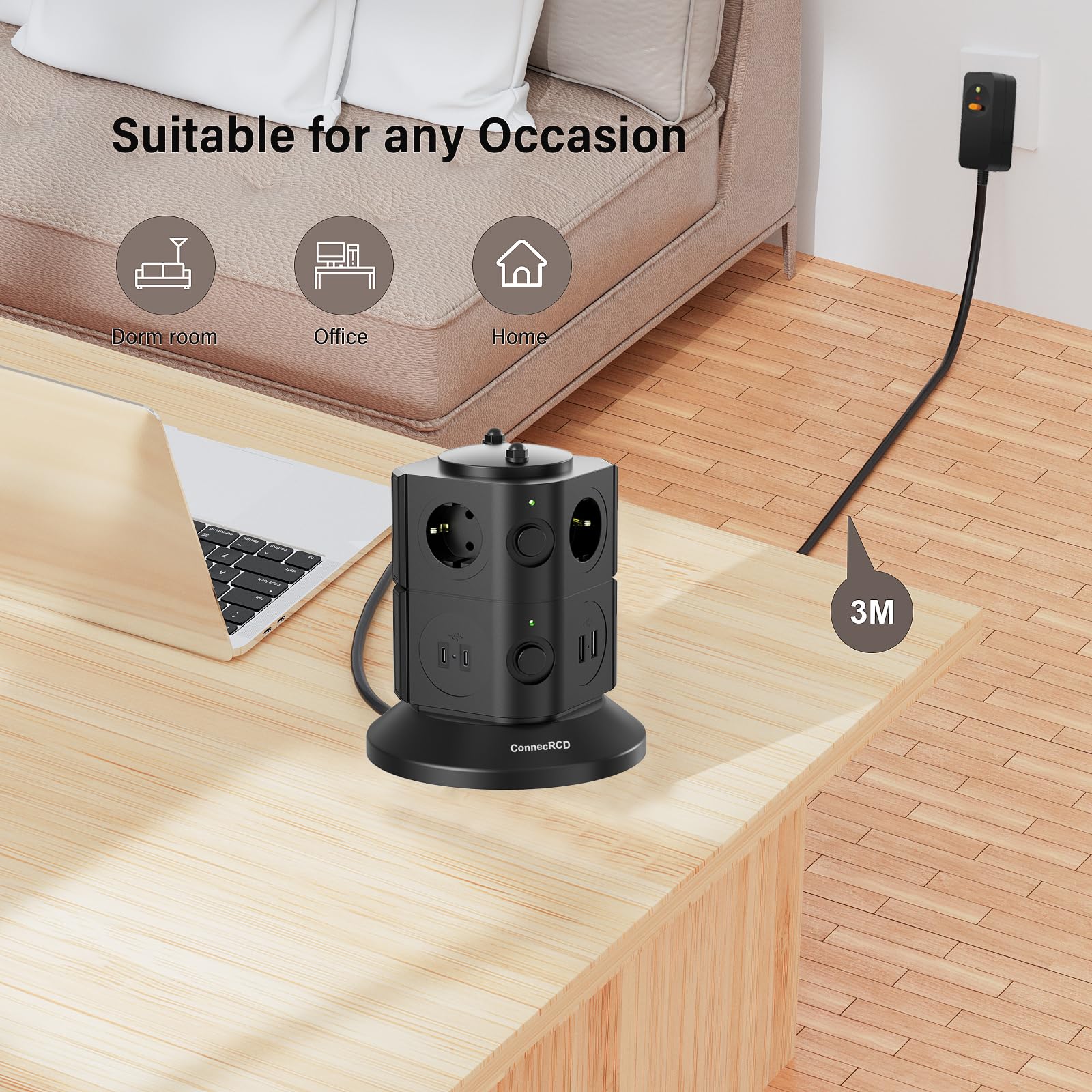 Interruttore di protezione FI, ciabatta multipresa a 6 prese, 4 USB, cavo da 3 m | Protezione da sovratensione, presa multipla a cubo, cavo di prolunga per ufficio e cucina