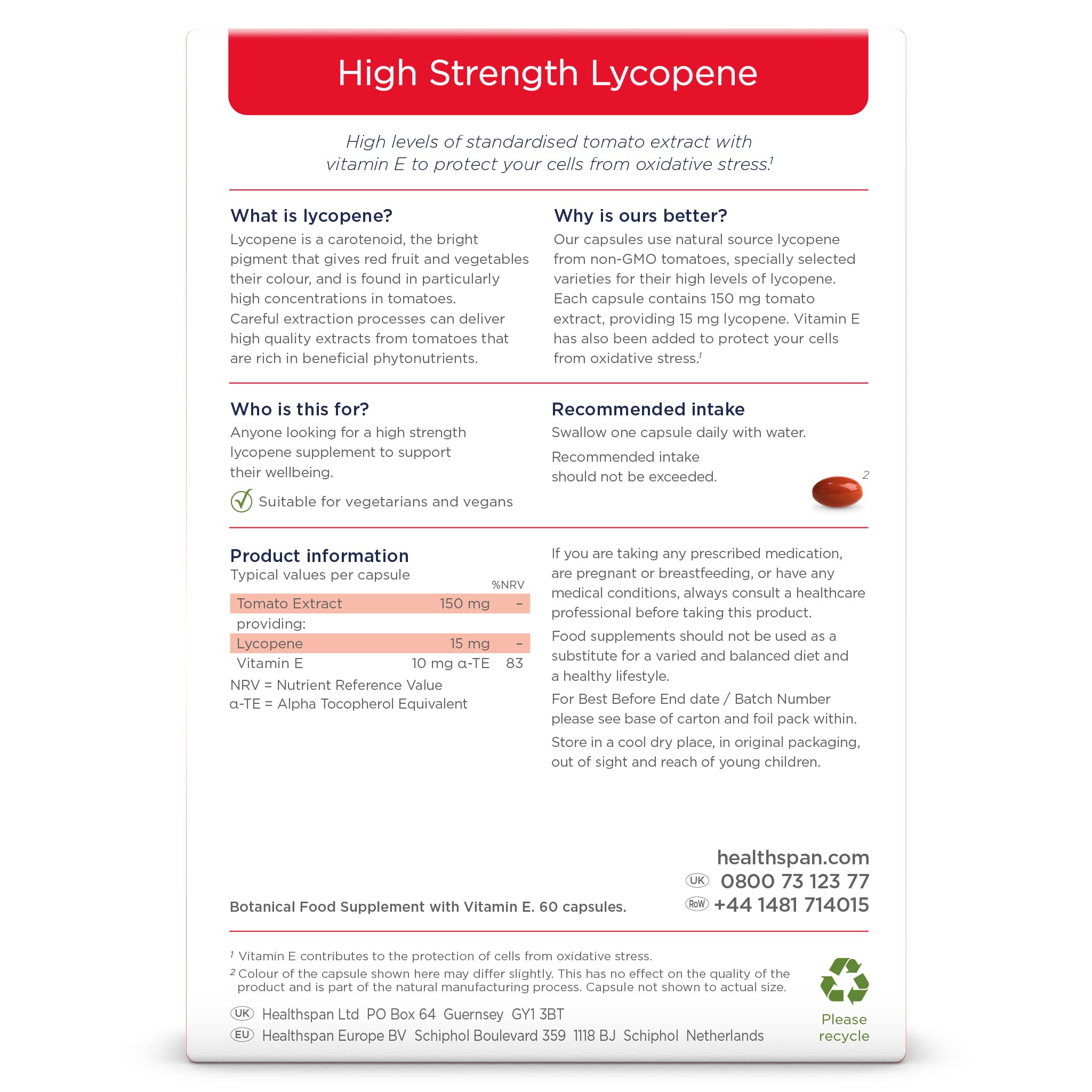 Healthspan Lycopin 15 mg | 150 mg Tomatenextrakt | Vitamin E | Reich an Tomaten-Phytonährstoffen | Keine GVO-Tomaten | Vegan | 60 Kapseln
