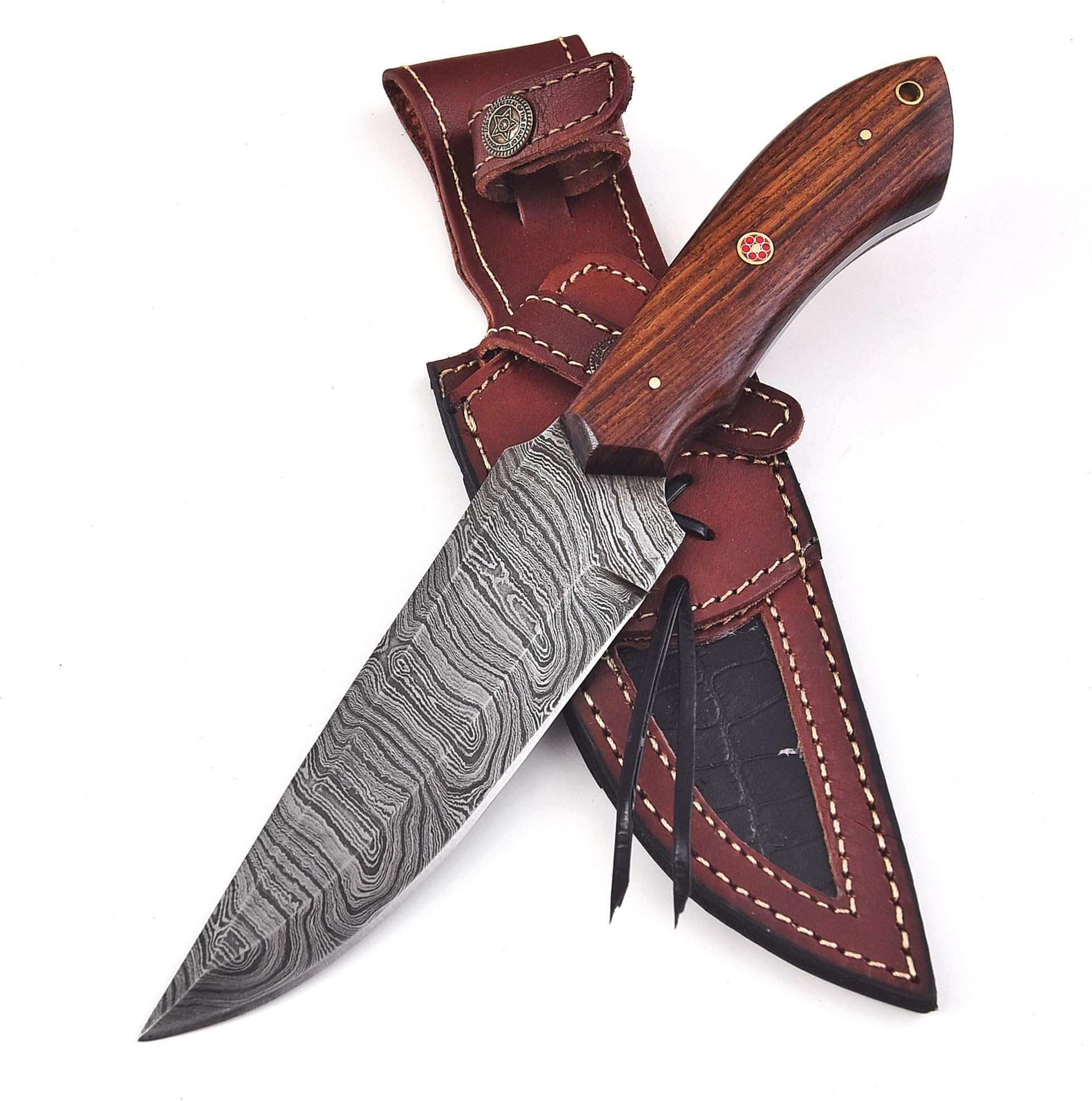 - Handmade Damascus Steel Hunting Bowie Knife with Leather Sheath | 11'' Hand Forged Full Tang Fixed Blade Damascus Skinning Knives For Men and Women | EDC Razor Sharp Blade Bushcraft Camping Survival Knifes with Belt loop for Vertical and Horizontal Carry ,Rose Wood Handle 6063