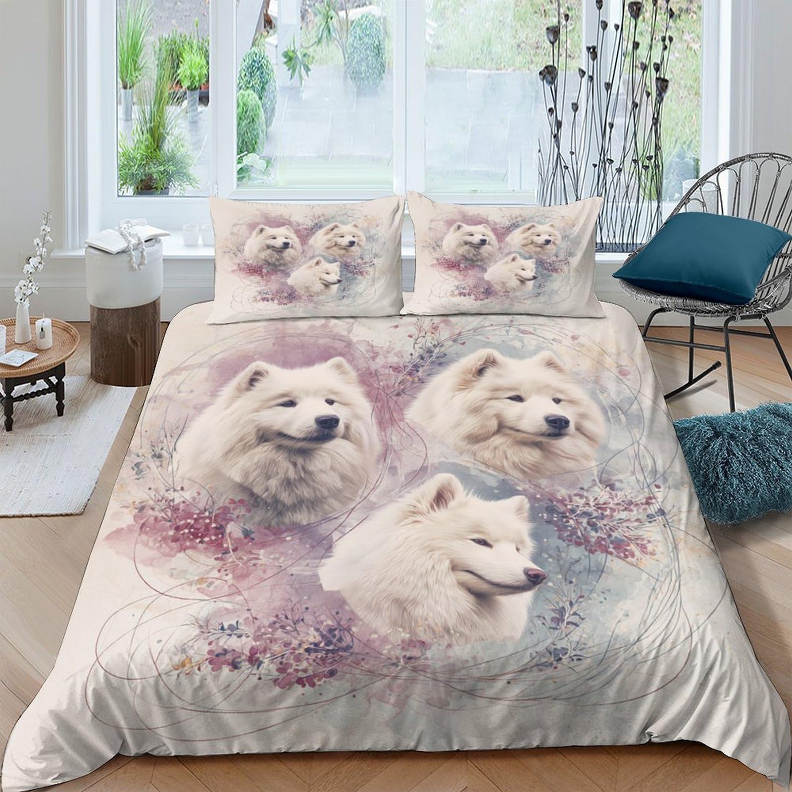 Ctjqhvkz Style-8 3D Printed White Samoyed Dog Fitted Sheet Microfiber Soft Anti-Slip Floral Mattress Cover For Bedroom Dorm Decor Single（135X200cm）