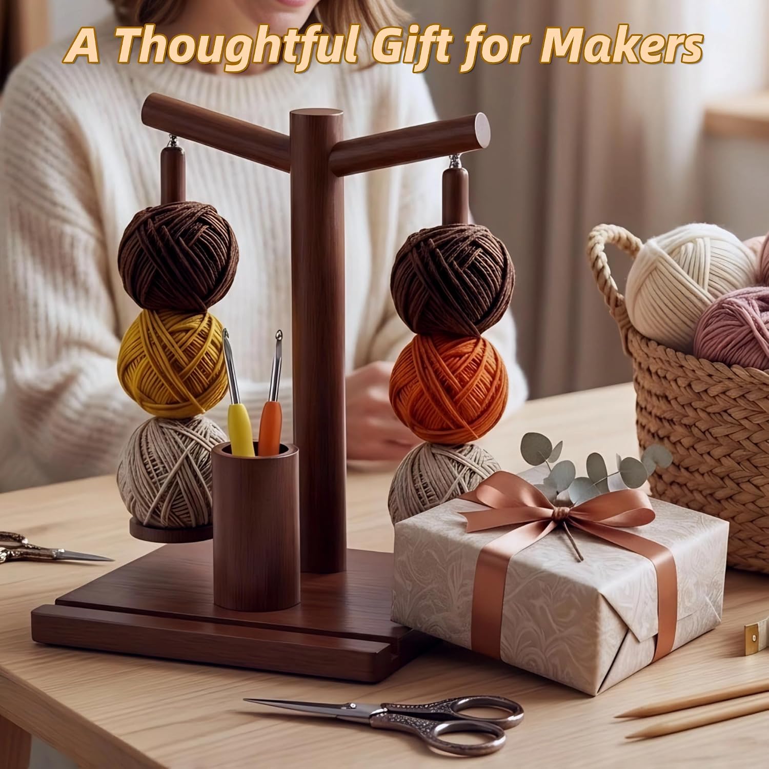 Vintage Wooden Yarn Holder for Crocheting and Knitting, Magnetic Rotating Yarn Spinner with 2 Spindles, Crochet Accessory Organizer with Phone Stand, Yarn Storage and Gift (VW-01)