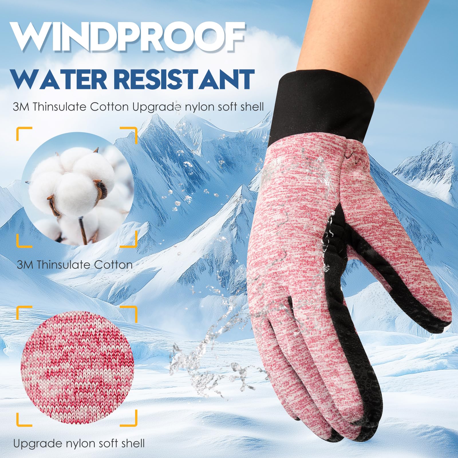 Bruvoalon W429 - Guantes de invierno para mujeres y hombres, aislamiento térmico 3M y revestimiento resistente al viento, pantalla táctil, antideslizantes para esquí, correr, ciclismo, senderismo