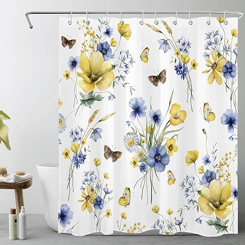 HVEST Cortina de ducha floral de granja con ganchos, flor azul y amarilla y mariposa sobre blanco, cortina de ducha para baño, juego de cortinas de