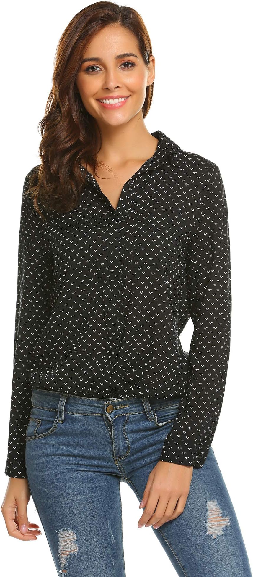 PINSPARK Women's Dot Blouses Asymmetric Dress Shirts V Neck Tops Dressy Long Sleeve Button Down Shirt with Pocket