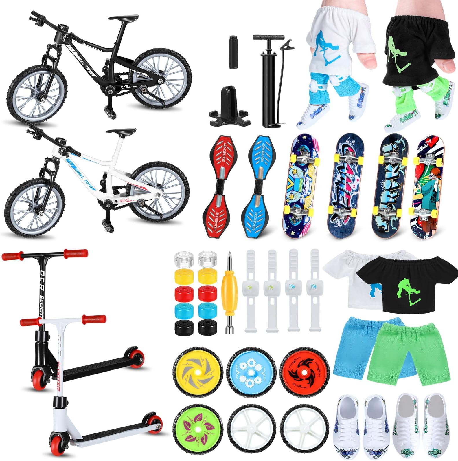 Hanaive 45 Pcs Mini Finger Toys Gift Finger Skateboards Bike Scooter Mini Skate Board Finger Tops Pants Shoes for Boys Girls Party
