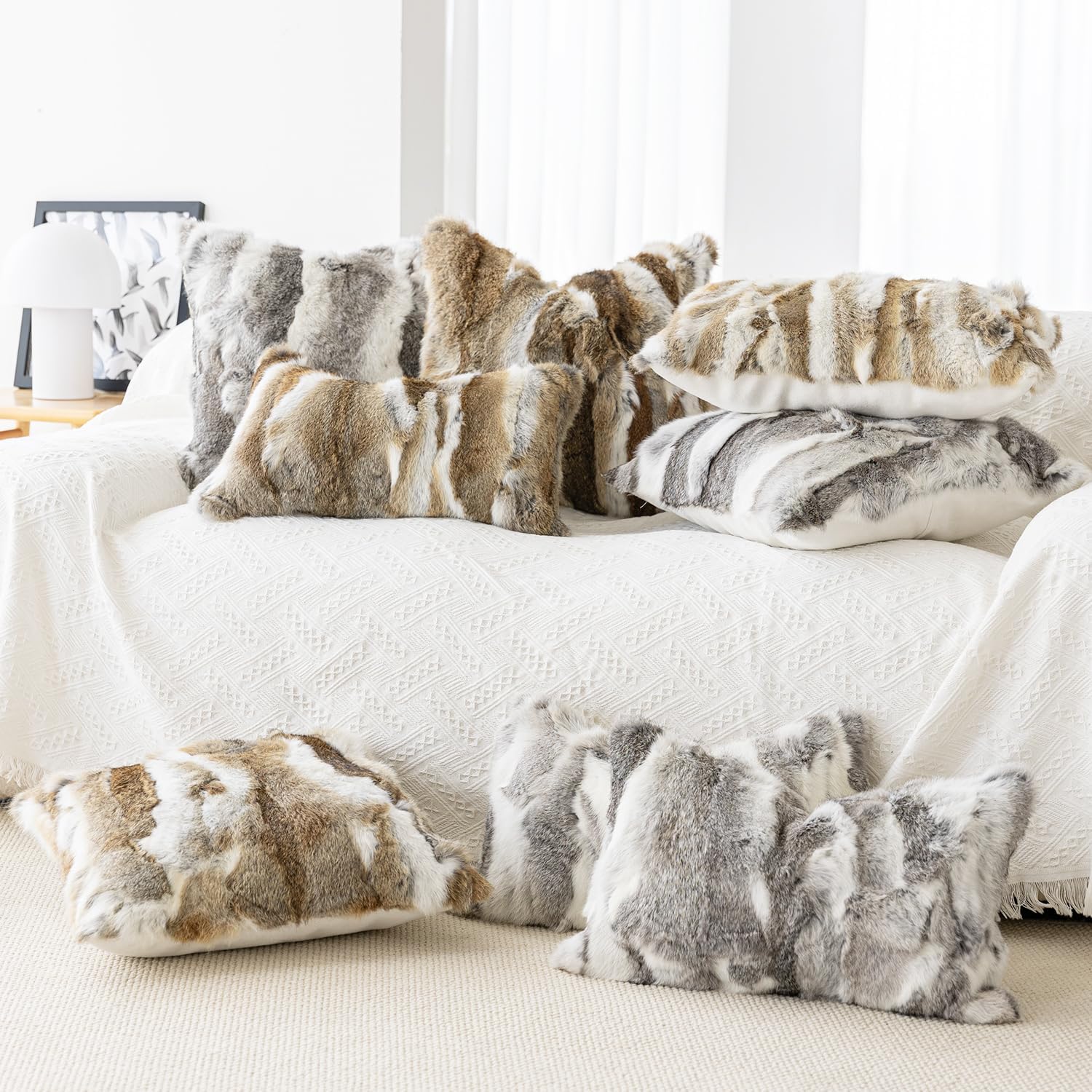 MOOX Rabbit Fur Pillow Covers Set of 2 Fur Throw Lumbar Decorative Pillow Fuzzy Soft Fluffy Genuine Animal Skin 12"x20" Sofa Couch Bed Cover, Couch-Grey White