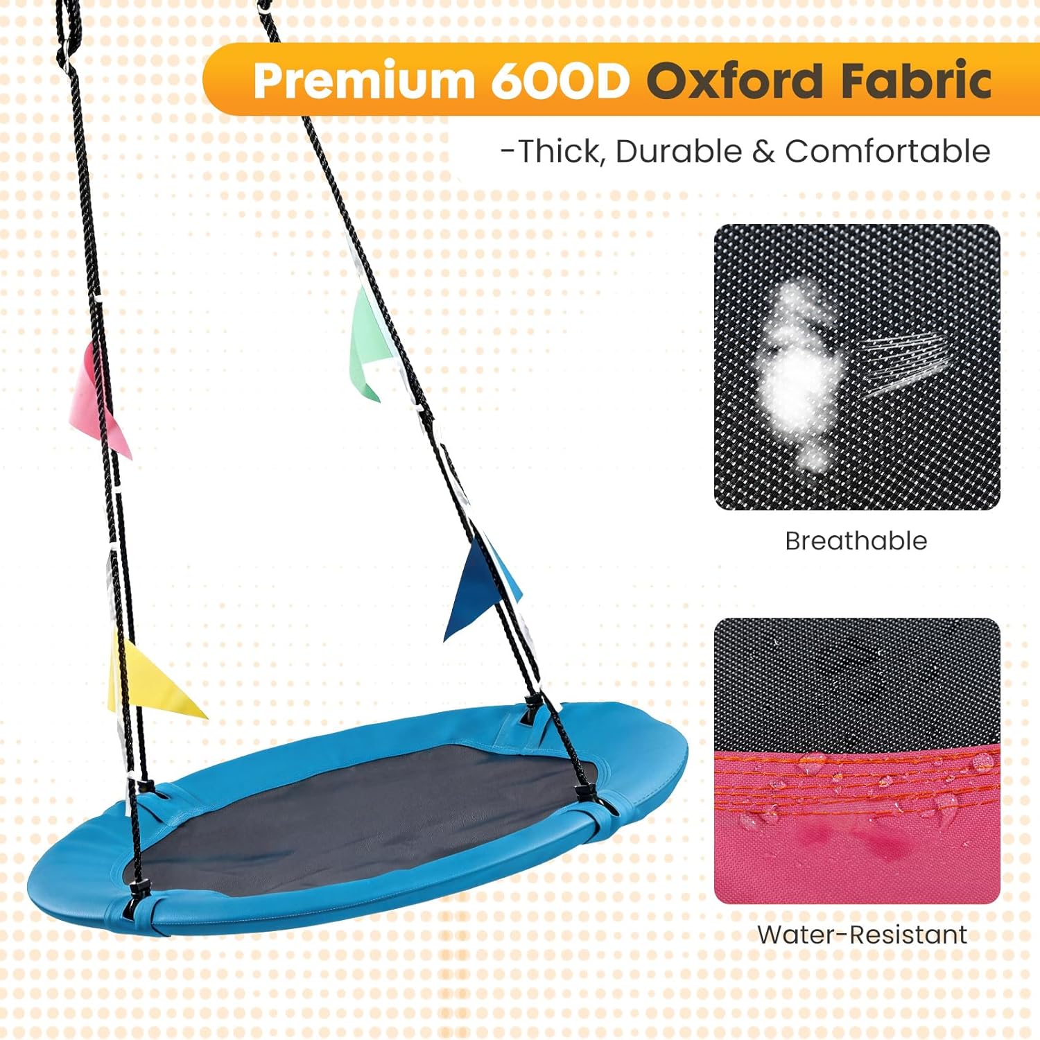 NEWBULIG 40" Saucer Tree Swing for Kids Outdoor, 440lb Weight Capacity Round Swing Seat, 600D Oxford Fabric with Adjustable Ropes, 2 Hanging Straps & Carabiners for Backyard Playground, Blue